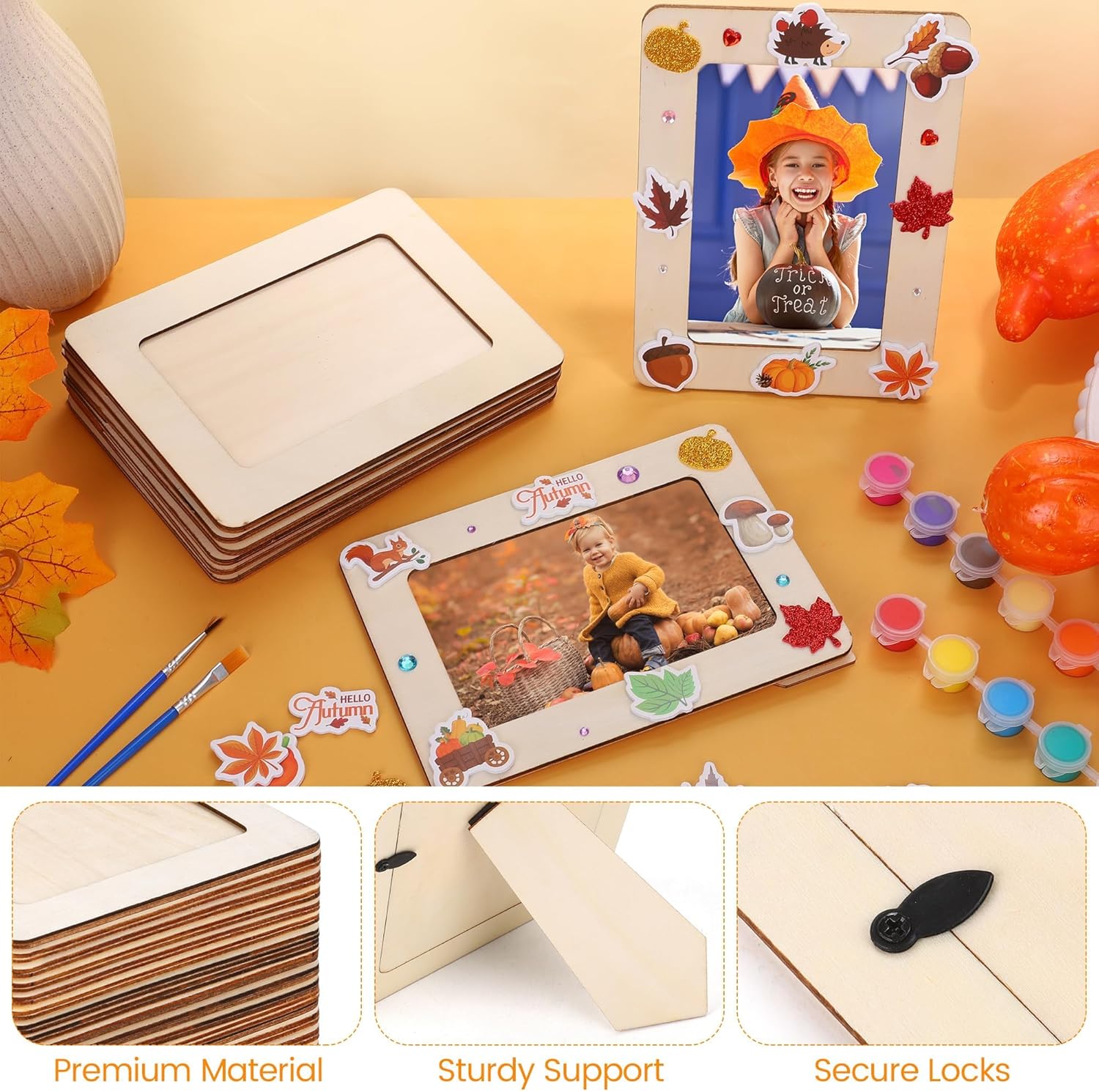 Fovths 24 Packs Fall Picture Frame Craft Kit Wooden Photo Frames Painting Set with 150 Foam Stickers Rhinestone Paint and Brushes Thanksgiving Gifts Arts & Craft Activity Supplies
