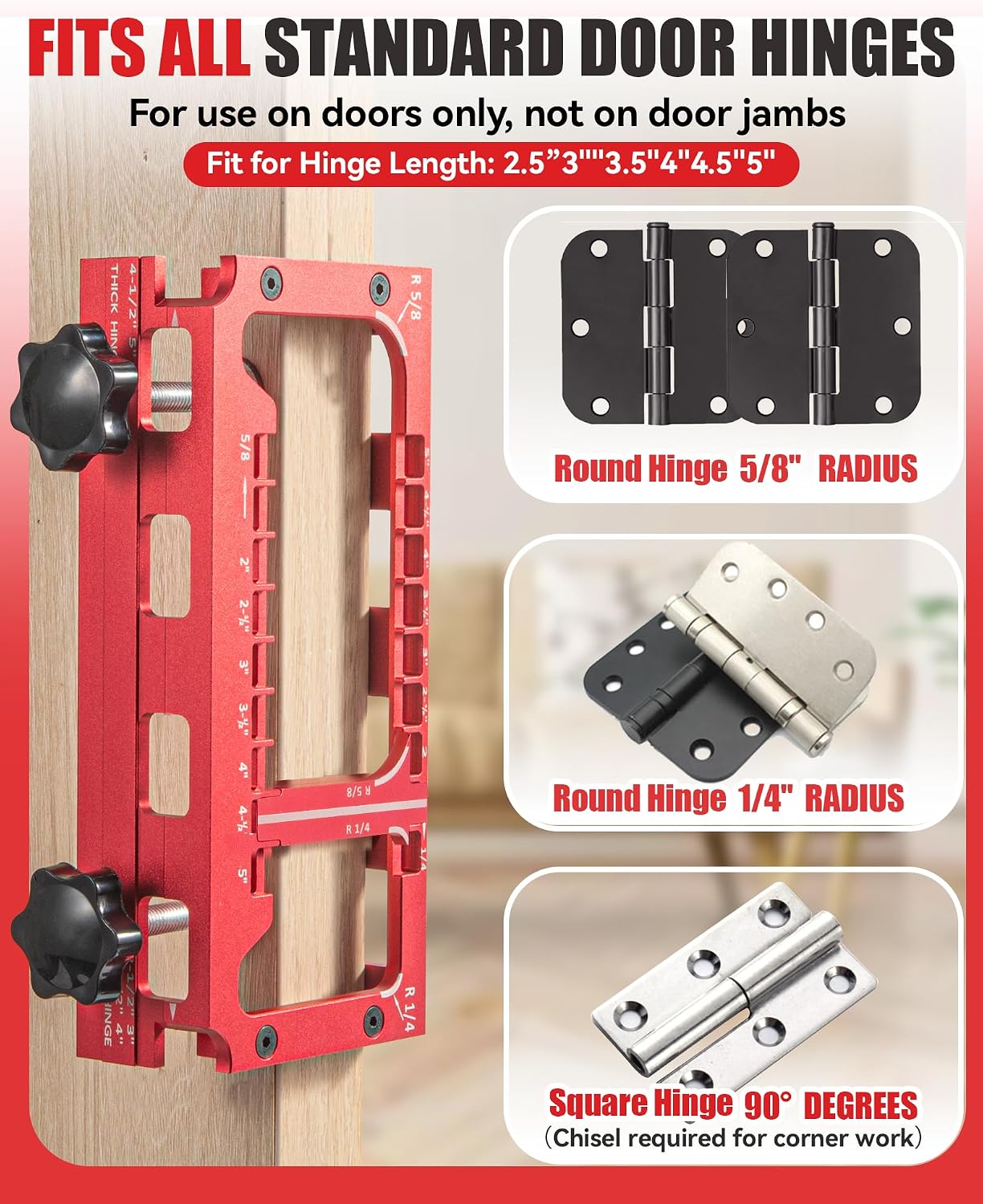 Door Hinge Jig, Aluminum Alloy Door Hinge Template Kit for Router, Adjustable Mortise Jig for 2"-5" Hinges, 1/4" Radius, 5/8" Radius & Square Corner Types