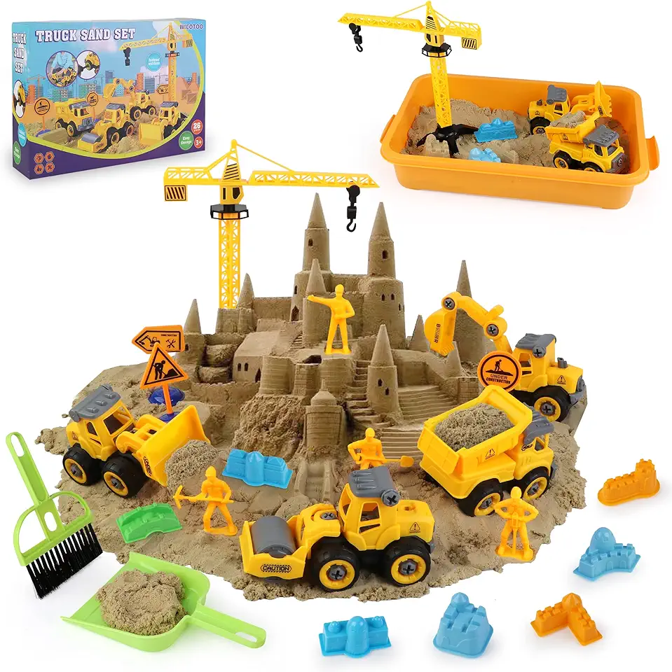 Sand Construction Kit,Sandbox,2.2lbs Magic Sand W/4 Take Apart Construction Trucks,Tower Crane,8 Sand Molds,4 Worker Figures,4 Road Signs,Toys for Boys Girls Age 4-8 Yellow,Brown