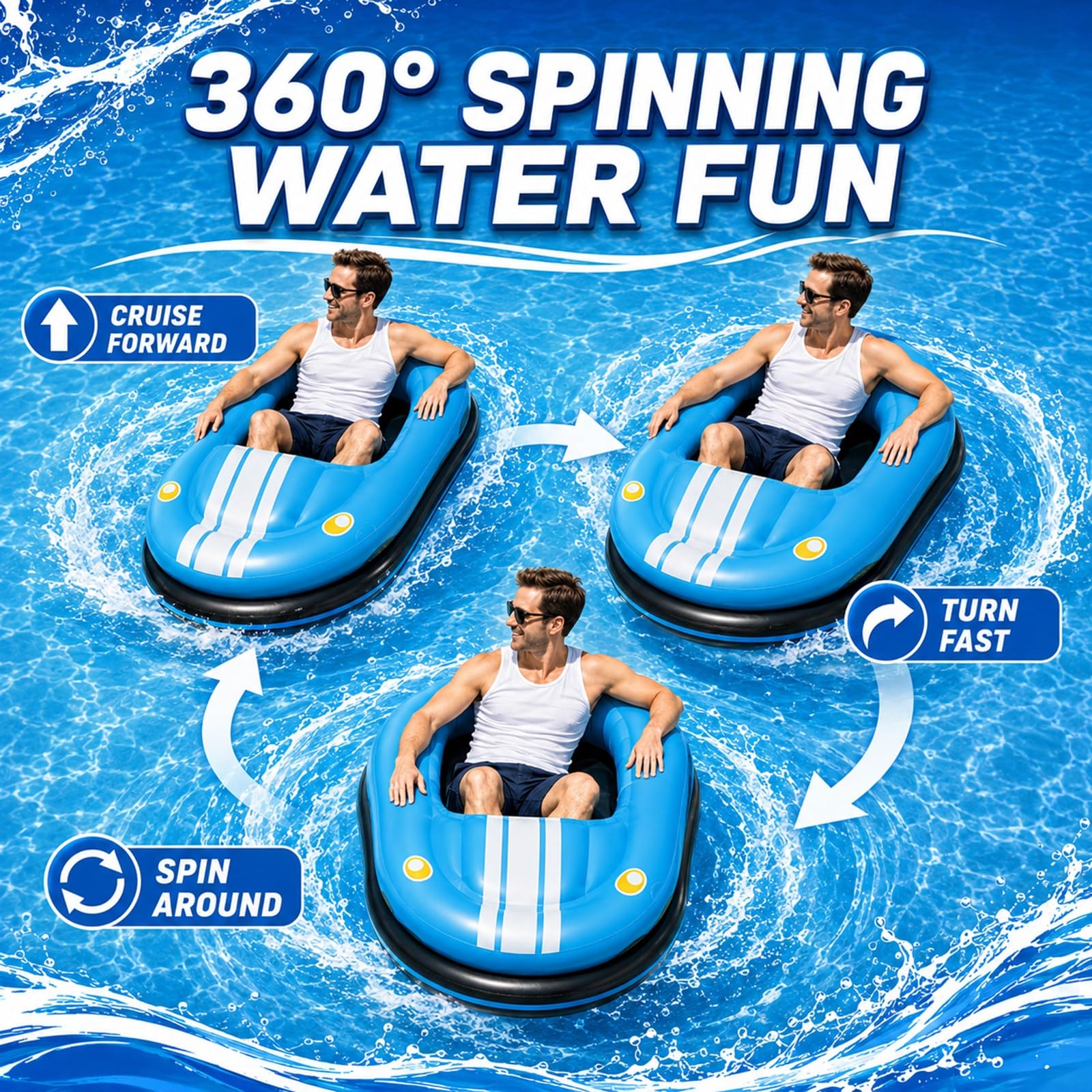 Bateau Auto-Tamponneur Électrique Gonflable et Flotteur Motorisé Adulte | Bouée Tamponneuse à Moteur 50W avec Rotation 360°, Joystick, Capacité 120kg, Pompe Sans Fil et 2 Batteries