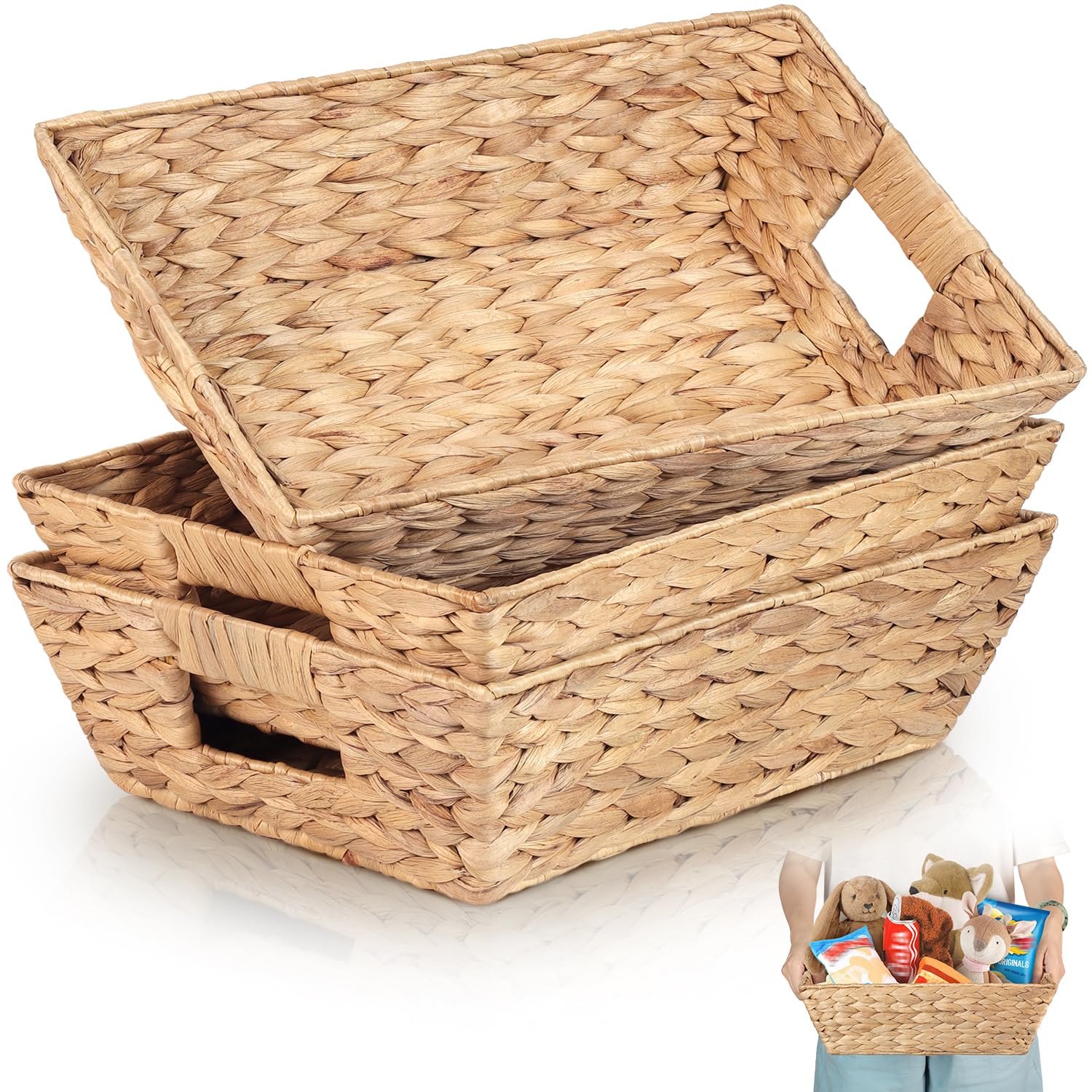 Photo 1 of Set of 3 Snack Baskets, Water Hyacinth Basket, Wicker Snack Basket Organizer for Office, Small Wicker Baskets with Handles (3 Medium Basket)