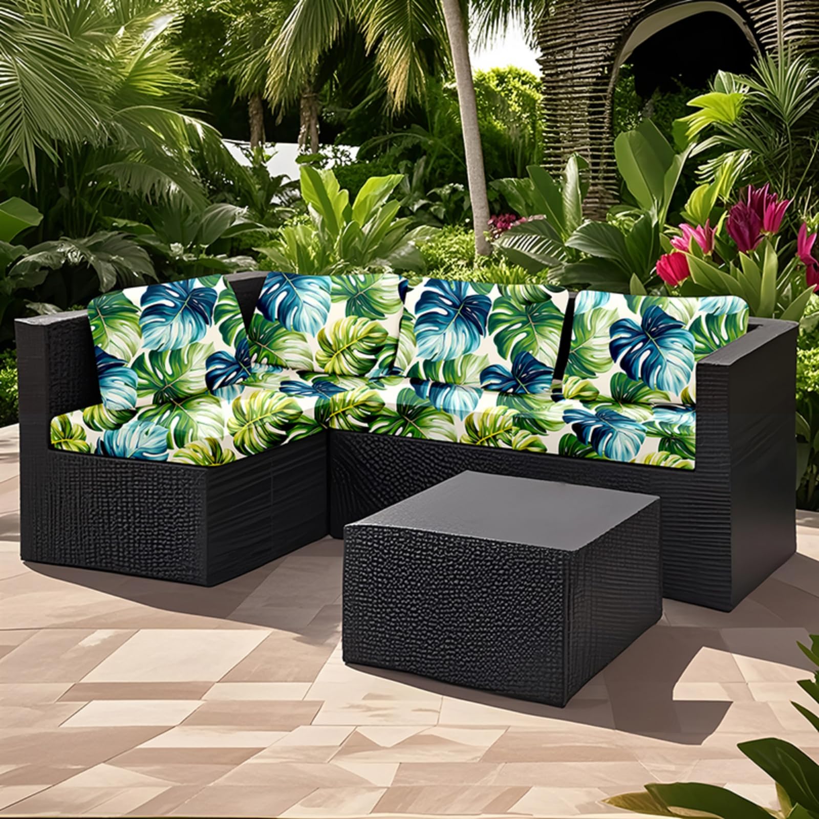 Morbuy Stampa 3D Copricuscini da Esterno per Sedute in Rattan, Copricuscini Divanetto da Esterno Sfoderabili Federe per Cuscino Impermeabile per Giardino e Patio (8 Pezzi,Fiori dorati)