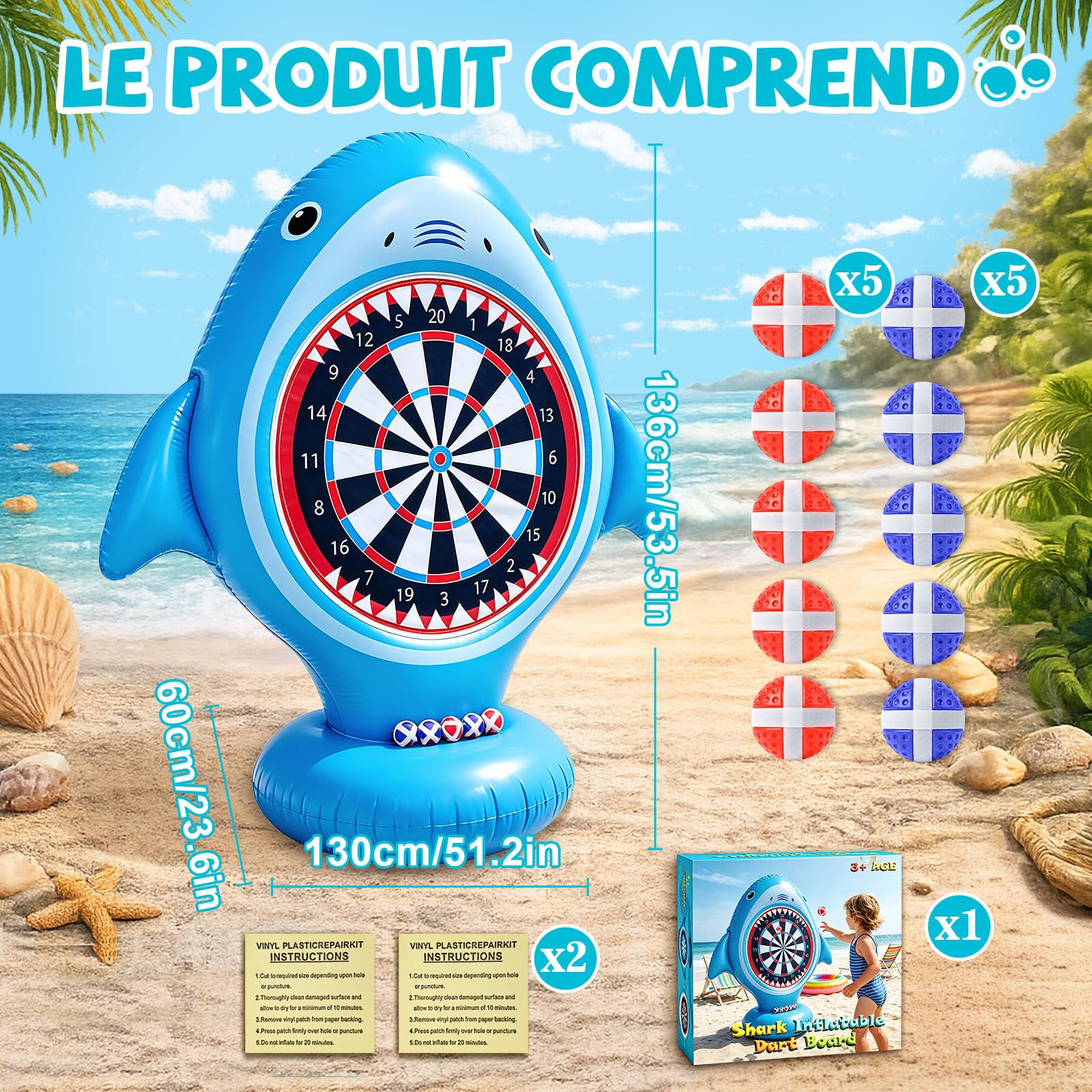 Jeu Fléchette Gonflable Piscine, Cible Fléchette Requin avec 10 Balles Velcro, Jouet Piscine pour Enfant Adulte, Jeux Piscine Gonflables, Jeu de Lancer pour Famille Jardin (sans Lumière) - 5