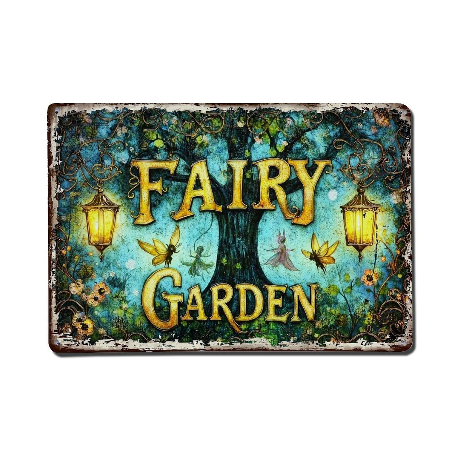 Jdfenggu Vintage Fairy Garden Tree Lanterns Fairies Retro Metal Tin Sign, Metal Poster For Bar, Home, Man Cave, Kitchen, Laundry Room Art Decor 8X12 Inch