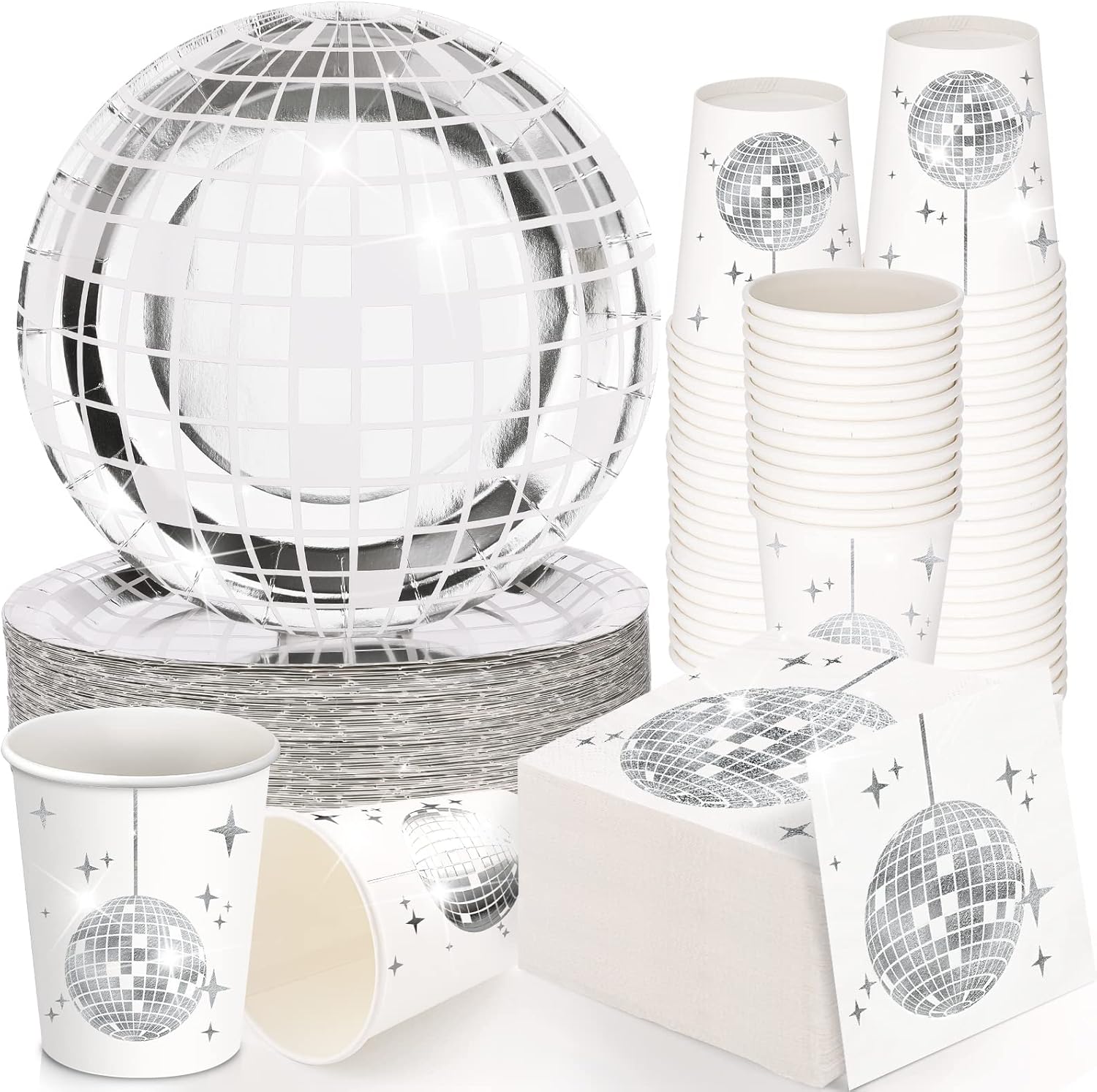 70s Disco Party Supplies Includes 50 Pcs Silver Disco Ball Paper Dinner Plates 50