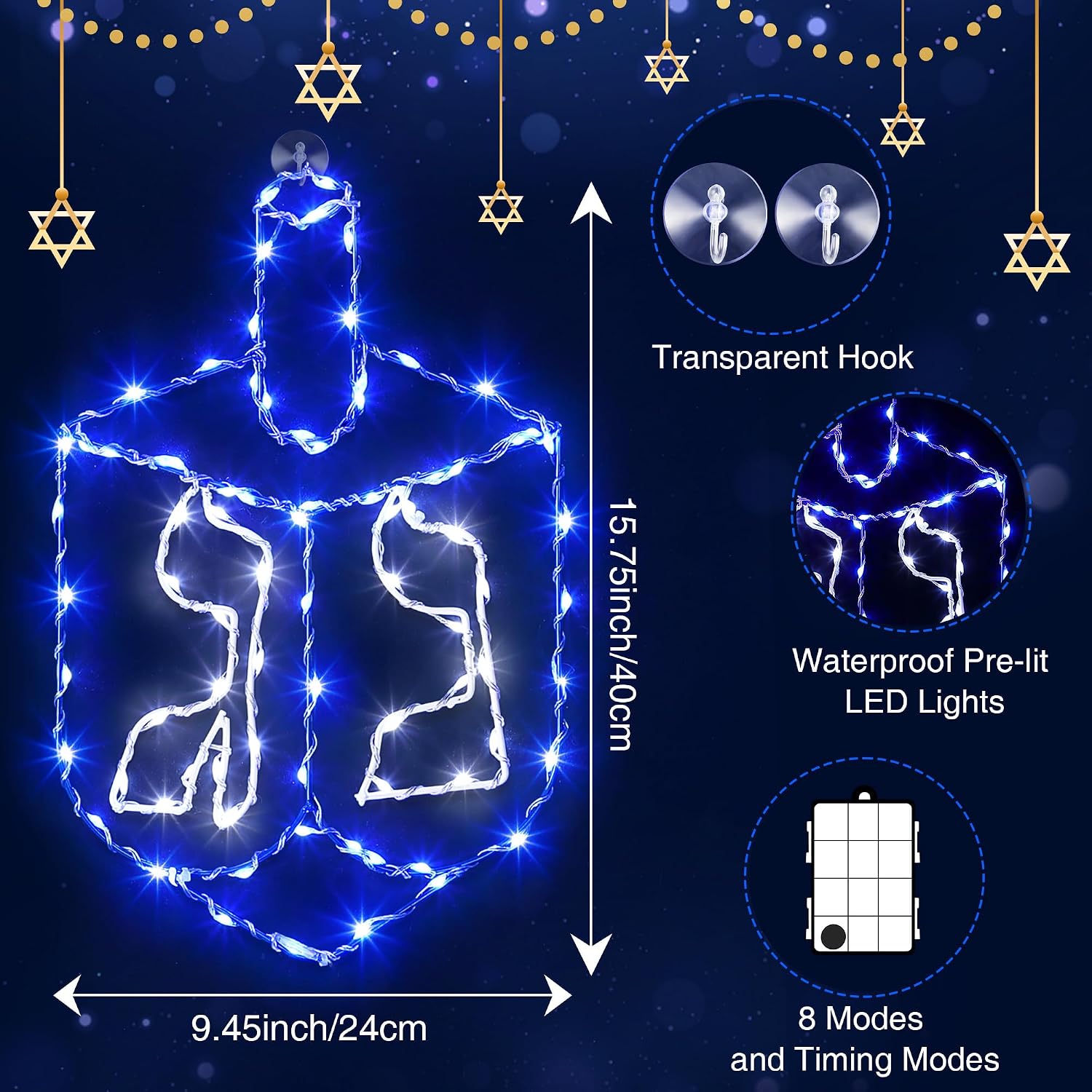 Meonum 2 Pack Hanukkah Decorations Window Lights, 8 Modes Blue White Chanukah LED Silhouette Lights Battery Operated with Timer for Jews Judaism Synagogue Passover Hanukkah Party Decor (Dreidel)