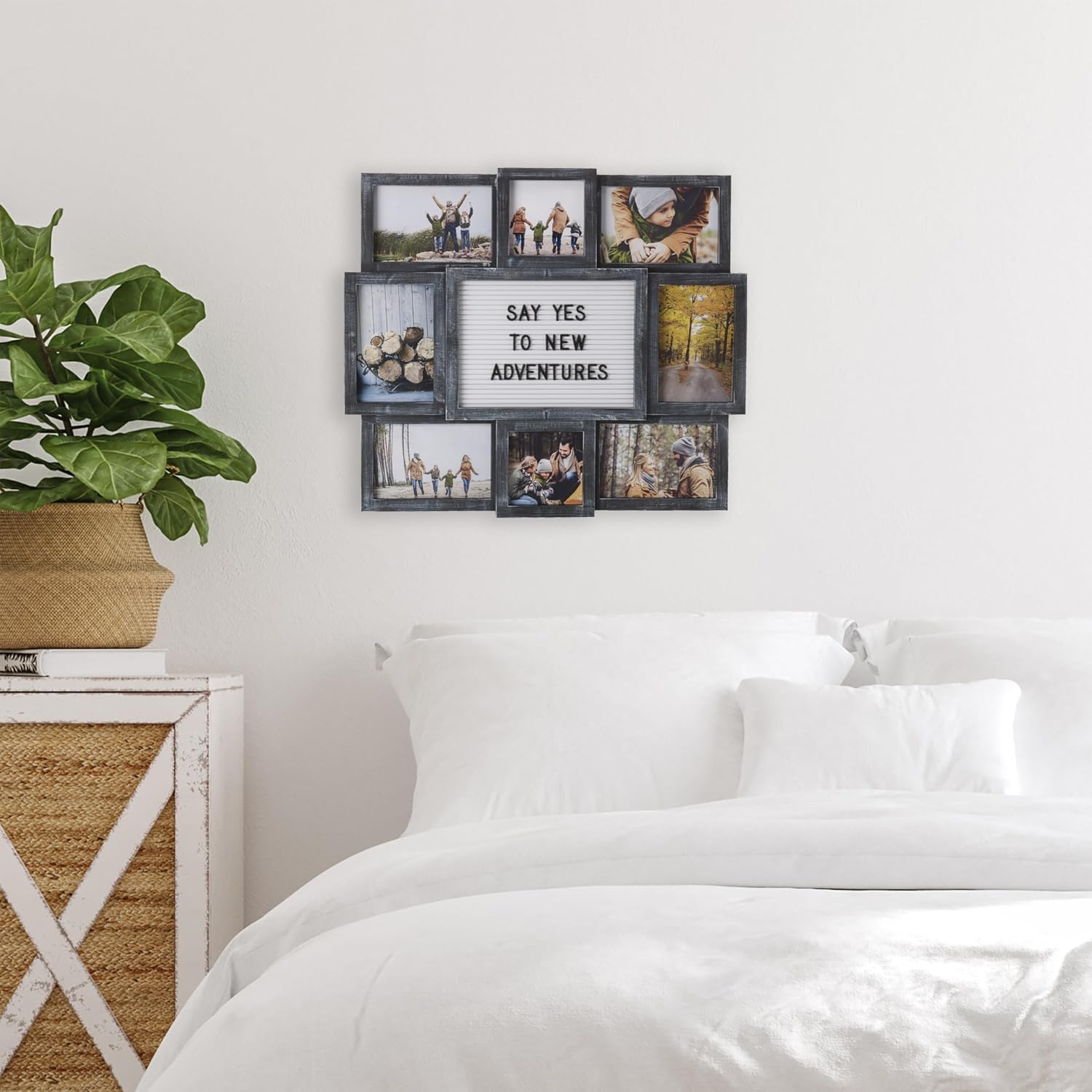 MELANNCO Collage Picture Frame with Letter Board, 8 Opening Photo Display for 4x6 and 4x4 Photos, 19 x 17 Inch Wall Decor, Distressed Black Plastic