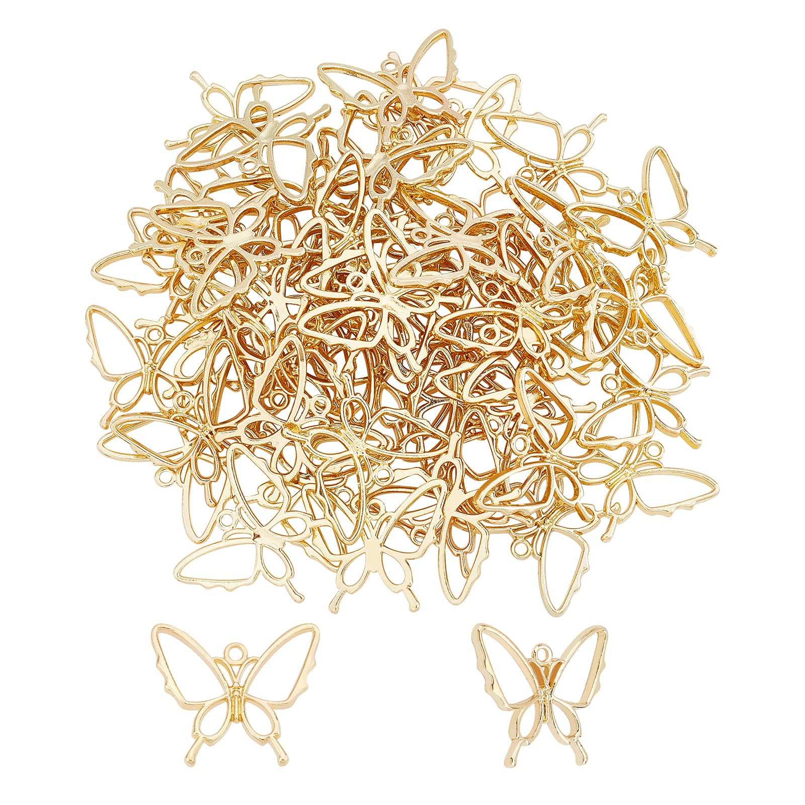PH PandaHall Lot de 100 pendentifs papillon à dos ouvert en alliage pour résine - Cadres creux pour fabrication de bijoux - Doré - 26 x 30 x 2,5 mm - Acier inoxydable, 26x30x2.5mm, Acier inoxydable