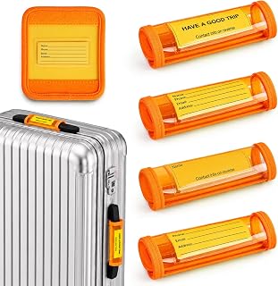 4 Pack Luggage Tags for Suitcases 2-in-1 Handle Wrap No-Dangle Neon Orange | 2-in-1 wraparound design includes 8 reversible privacy cards with 4 display options for contact information