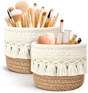 2-Pack Boho Macrame Cotton Woven Storage Baskets, 3.93 Inch, Foldable Mini Lace Weave with Tassel Decor, Portable Makeup Brush Organizer, Small Desktop Caddy