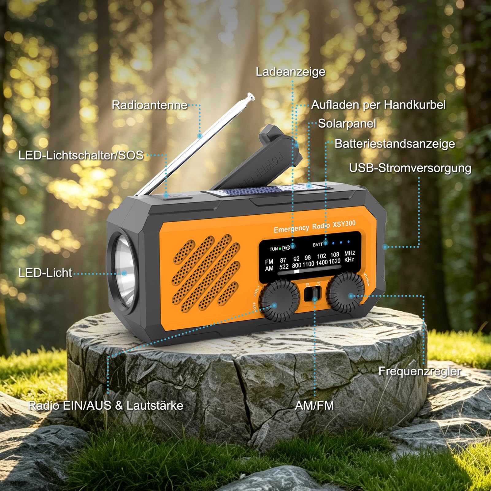 Multifunktions-Kurbelradio 2000mAh ，AM/FM Solar-Radio tragbar， Wetterradio mit LED-Licht & Powerbank ，SOS-Notfallalarm für Outdoor & Zuhause