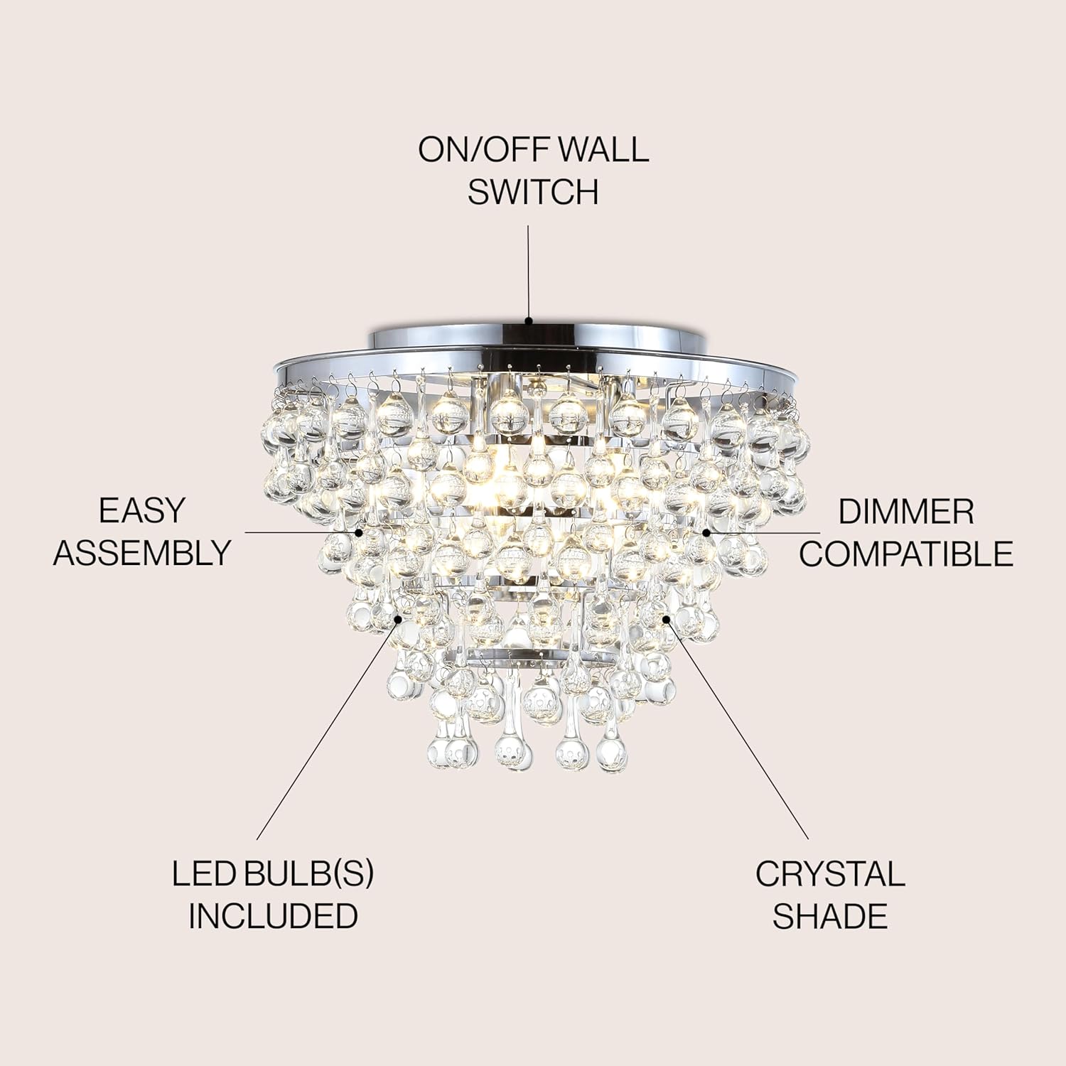 JONATHAN Y 16" Chrome Modern LED Flush Mount Ceiling Light Fixture, 3-Light Chandelier with Clear Teardrop Crystals for Bedroom Dining Room, UL Listed (JYL9030B)