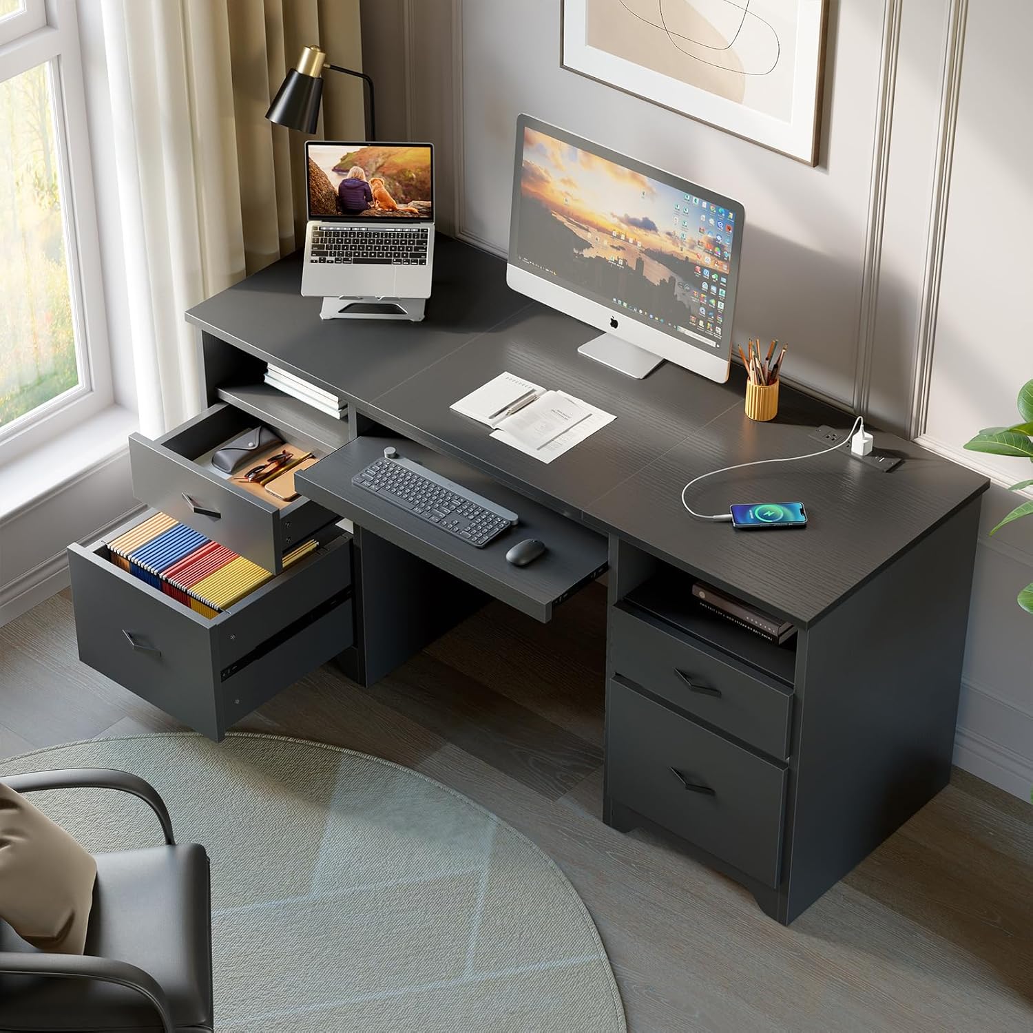 Bestier 59” Computer Desk with 4 Drawers, Office Desk with Storage, Modern Executive Desk with Charging Station, Keyboard Tray & Wooden Pedestals on Both Sides for Home Office & Studio, Black