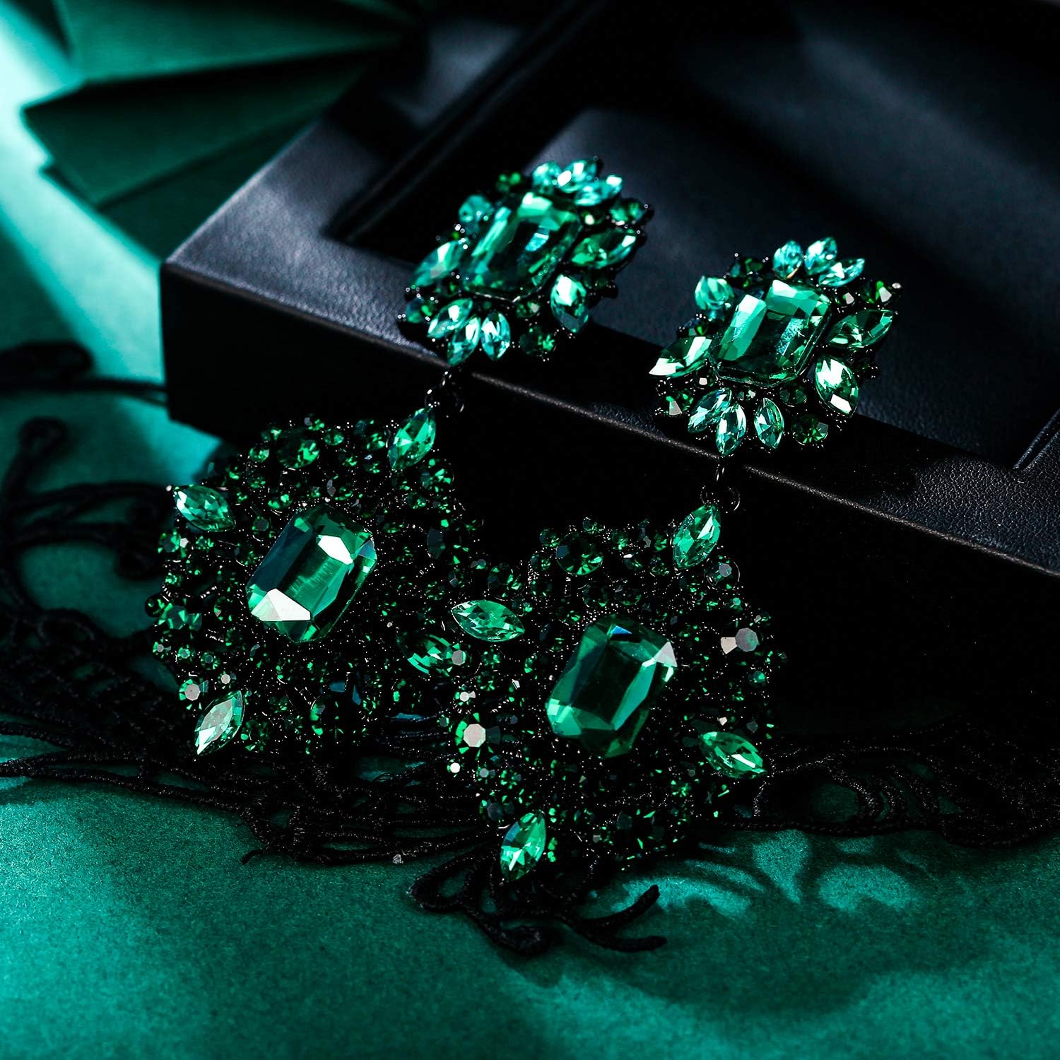 EVER FAITH Green Rhinestone Dangle Earrings, Vintage Crystal Art Deco Gatsby Costume Statement Earrings for Women Girls Black-Tone - Image 5