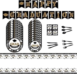 VIDELLY 98 Pieces Graduation Party Supplies 2022 Graduation Tableware Sets Graduation Paper Plates Graduation Decorations Disposable Paper Plates Napkins Tablecloth for Graduation Party, Serves 16