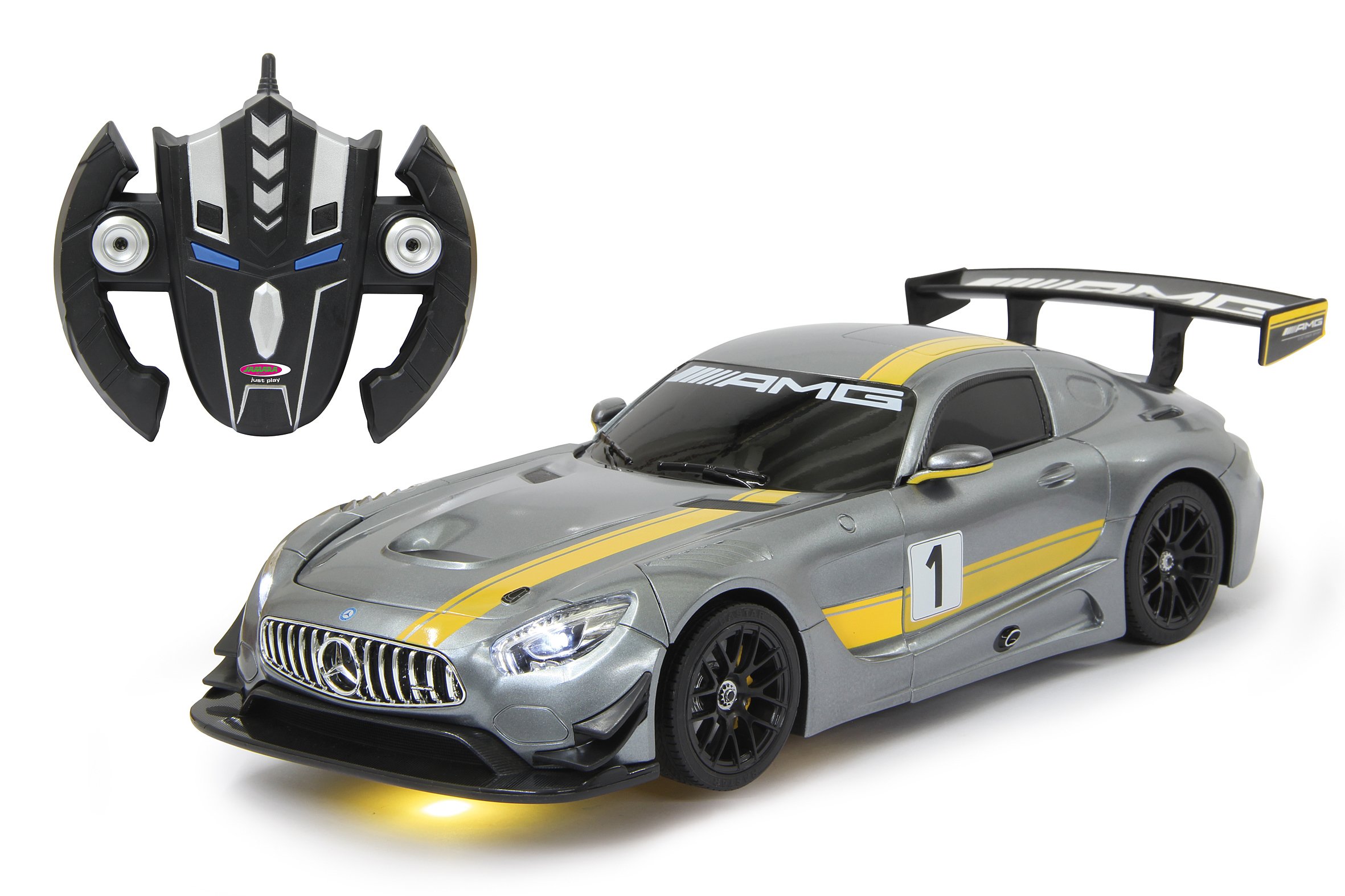 JAMARA 410028 – Mercedes AMG GT3 1:14 transformacja 2,4 GHz szara – RC transformacja w robota po naciśnięciu przycisku, tryb tańca, głośnik, zawieszenie na pojedynczym kole, do 1 godziny jazdy