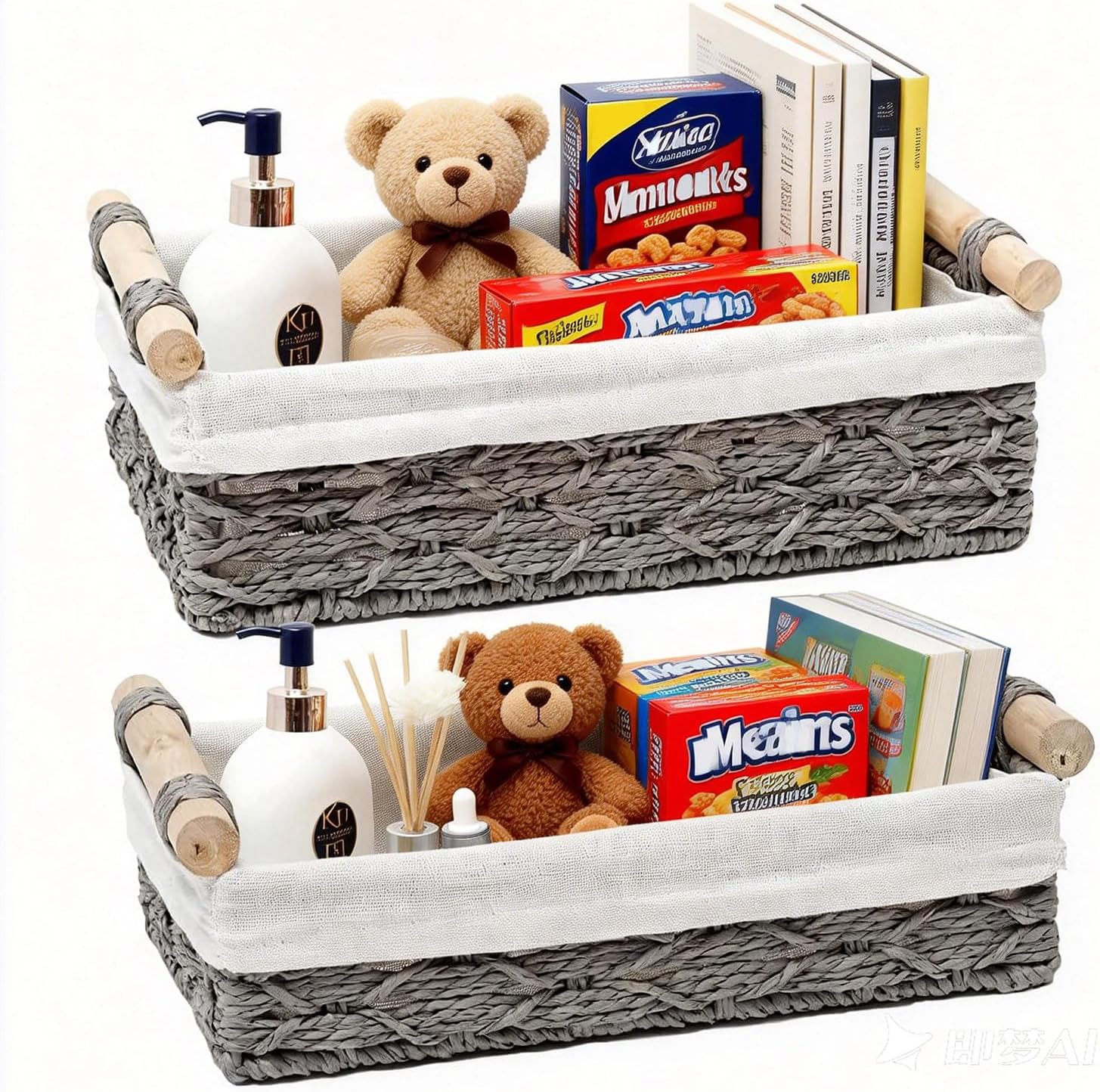 Storage Basket Wicker Baskets for Organizing, Storage Bins for Countertop & Toilet Paper, Toilet Tank Top Organizer (Set of 2, Grey)