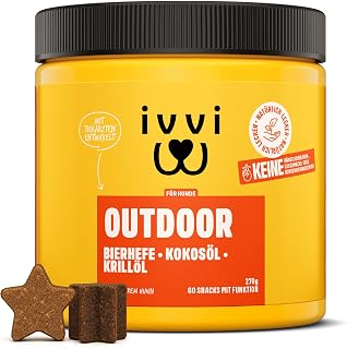 ivvi Outdoor Snacks für Hunde – mit Bierhefe, Schwarzkümmelöl, Krillöl & Zistrose – Unterstützung für Haut, Fell & natürliche Abwehr in der Natur – weiche Snacks mit 30% Huhn – 270g / 60 Snacks