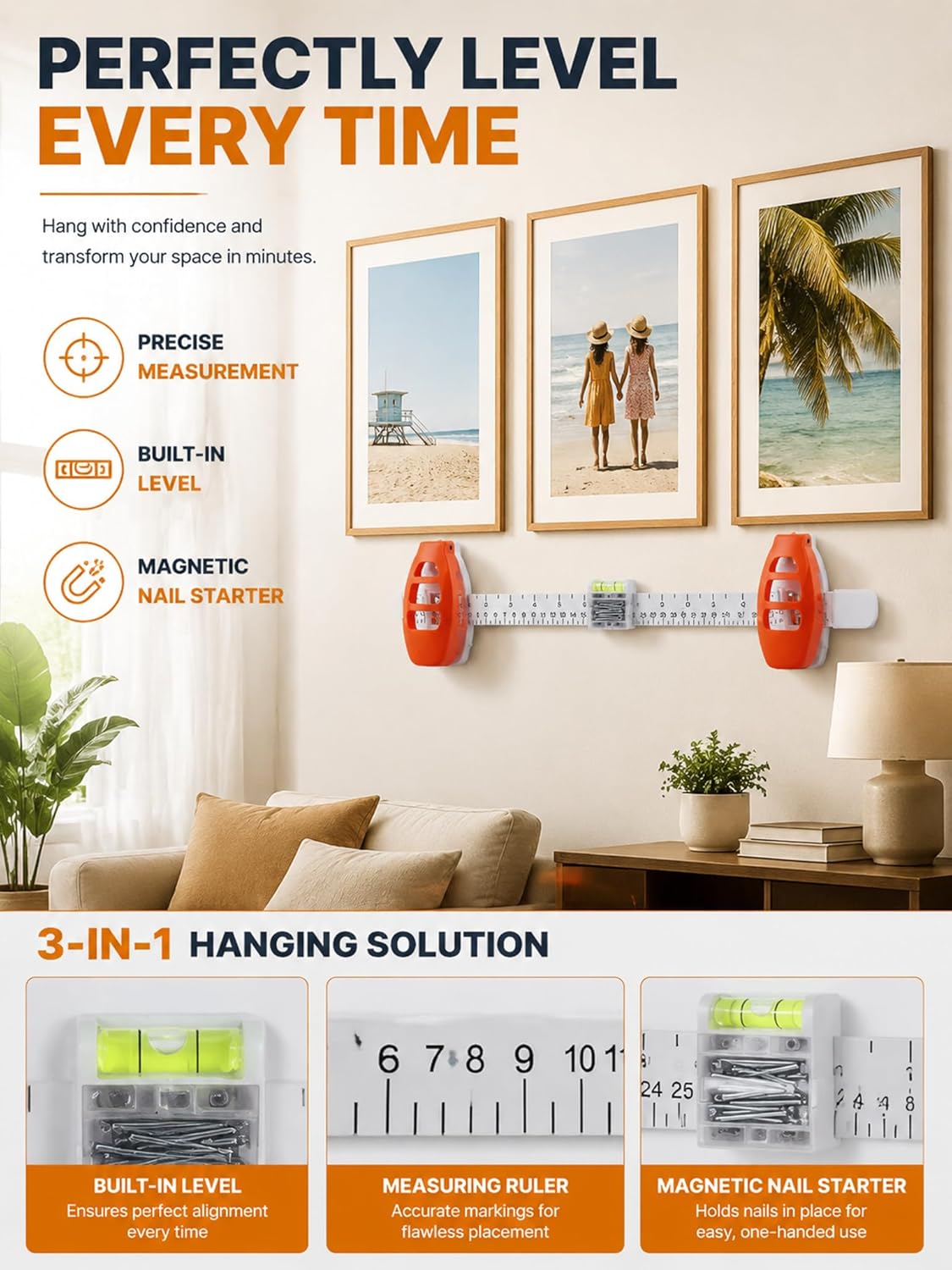 Hang Hero - My Hang Hero Picture Hanger, 3 in 1 Level Ruler Picture Hanging Tool with Level and Ruler - No Hammer Needed for Gallery Walls, Frames, Mirrors - Includes 20 Brad Nails