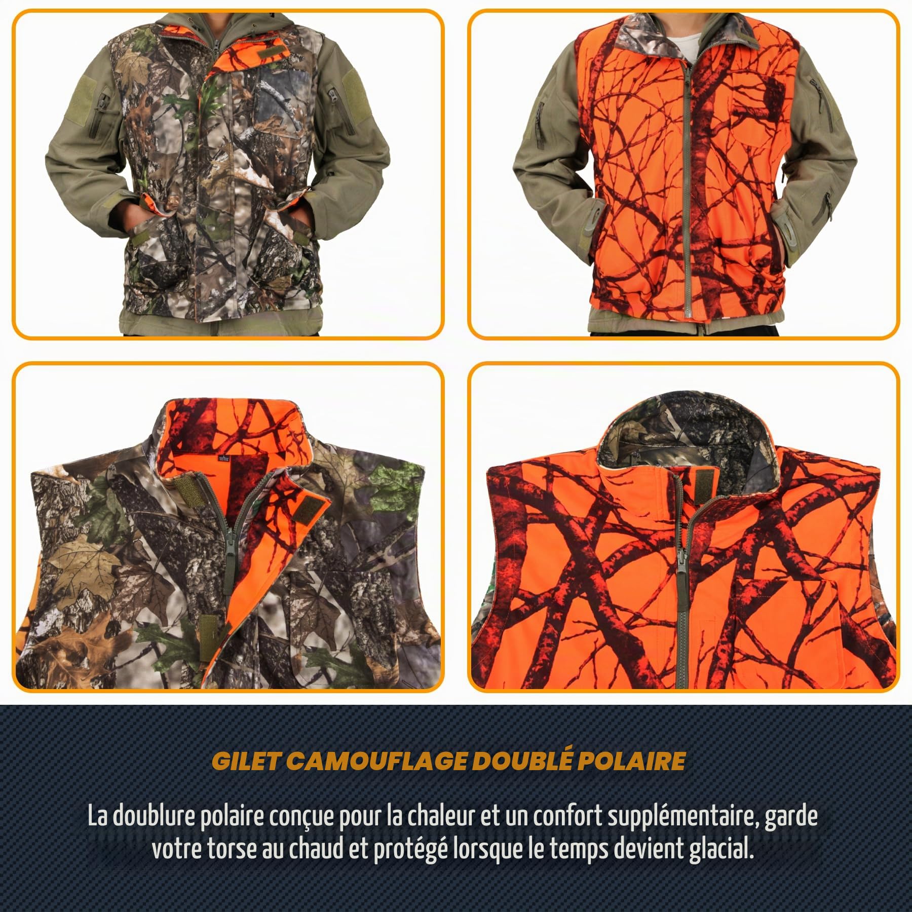 GUGULUZA Homme Gilet de Chasse Orange Camo, Réversible, Multi-Poches, pour Pêche Chasse Camping, M