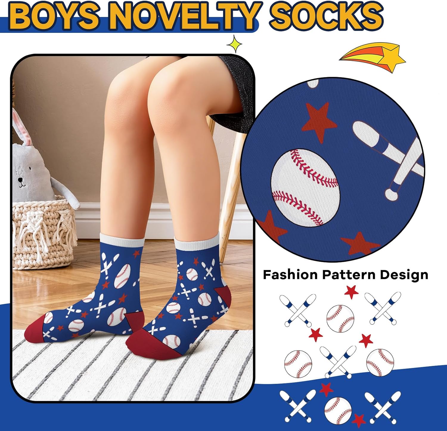 6 Pairs Kids Boys Socks Cartoon Baseball Stripes Five-pointed star Red Blue Breathable Crew Sock aged for 2-11Years - Image 3