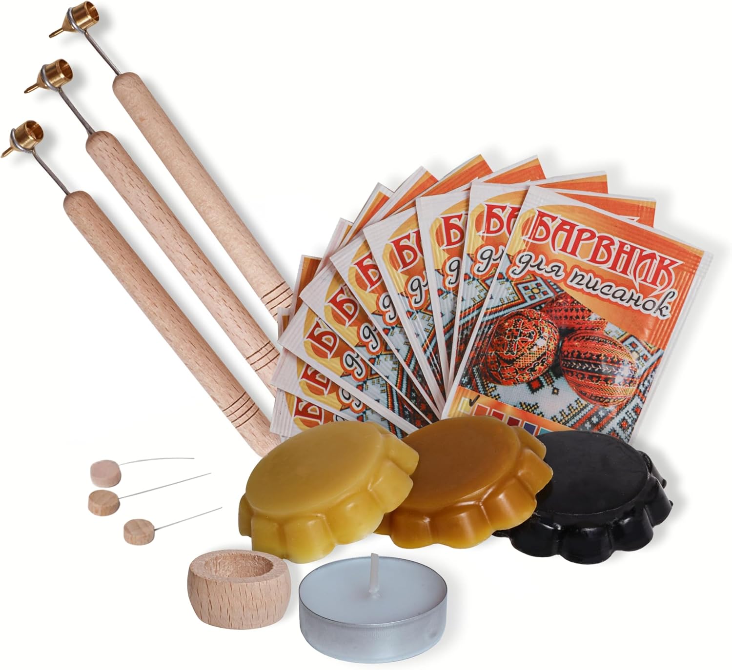 Easter Egg Decorating Kit for Pysanky, Ukrainian Egg Decorating Set with 3 Wax Writer Pens, 3 Beeswax, 10 Dyes, Candle, Egg Stand and Instructions, Candle - Traditional Art
