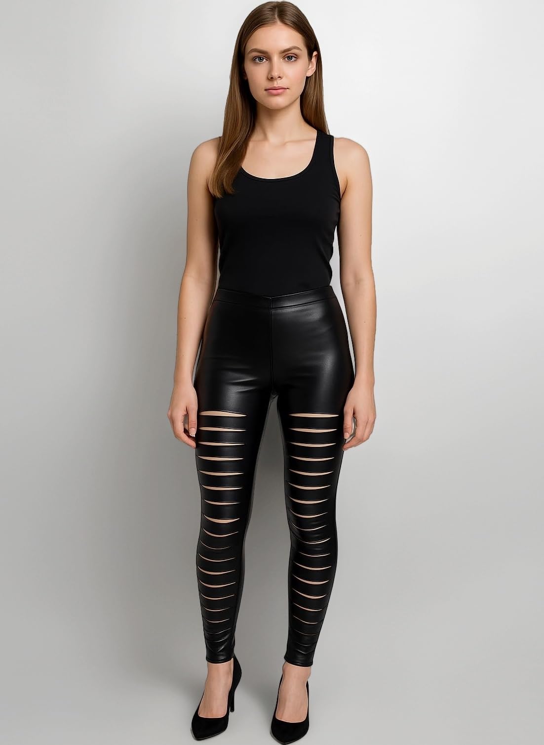 Laser Cut Slit Wet Look Faux Leather Stretchy Low Rise Leggings
