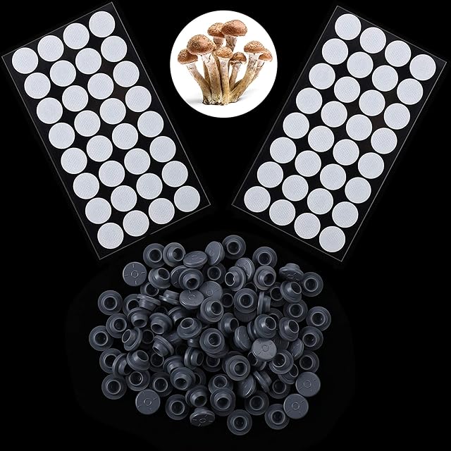 64 Pieces Synthetic Filter Paper Stickers 0.3 ?m Filter Disc Mushroom and 100 Pieces Vial Rubber Stopper Injection Ports for Mushroom Cultivation (7.6mm Diameter)