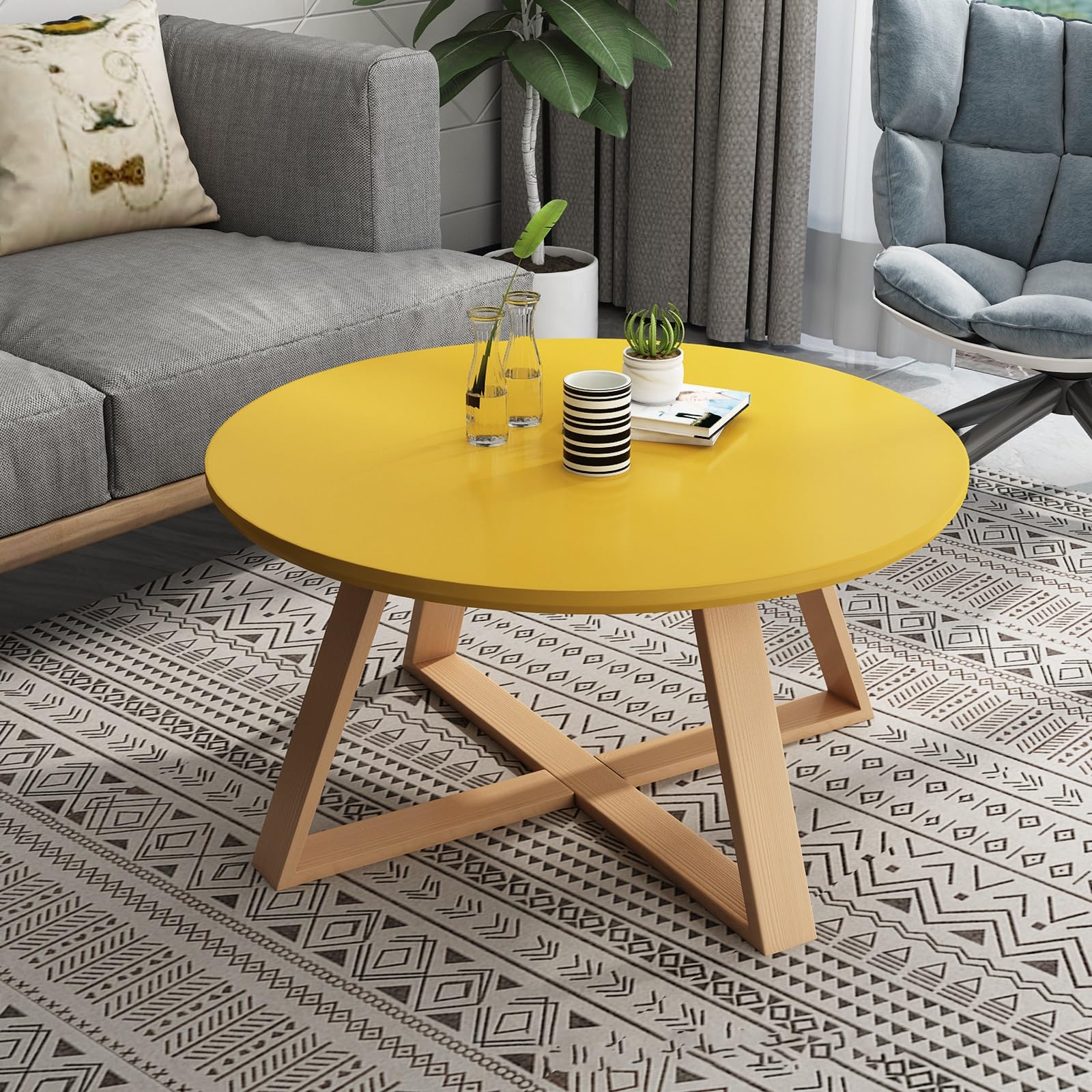 SXZenSpace Nesting Coffee Tables - Round Small Set Of 2 End For Living Room, Modern And Minimalist Stacking Side Bedroom Balcony, Sturdy Easy Assembly (Color : Yellow, Size 50 * 50 * 40c