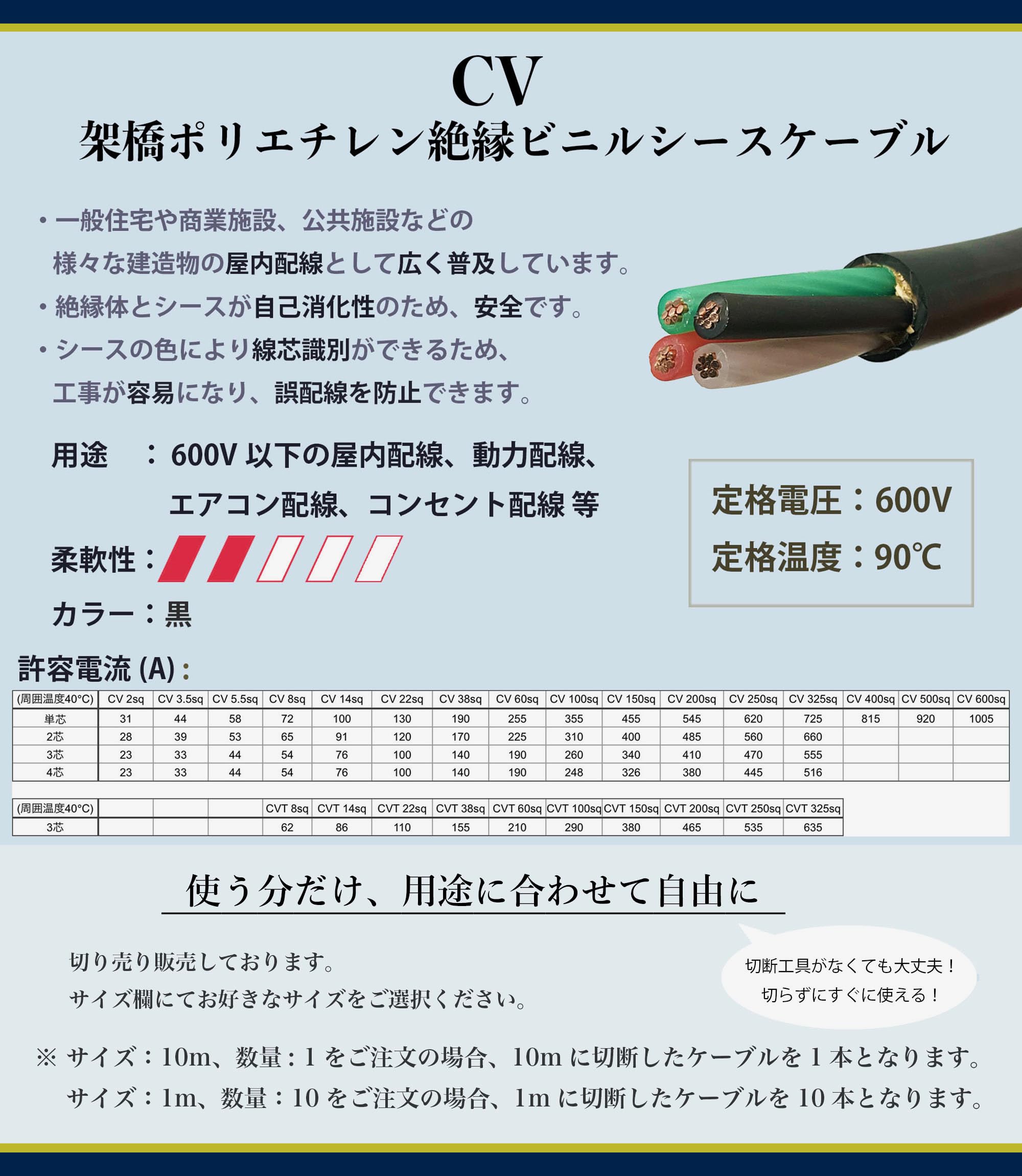 CV3.5sq×3C 約40m巻 CVケーブル CV 5.5sq 3芯 CVケーブル 5.5SQx3C CV3-5.5 CV5.5x3 1mから切断します
