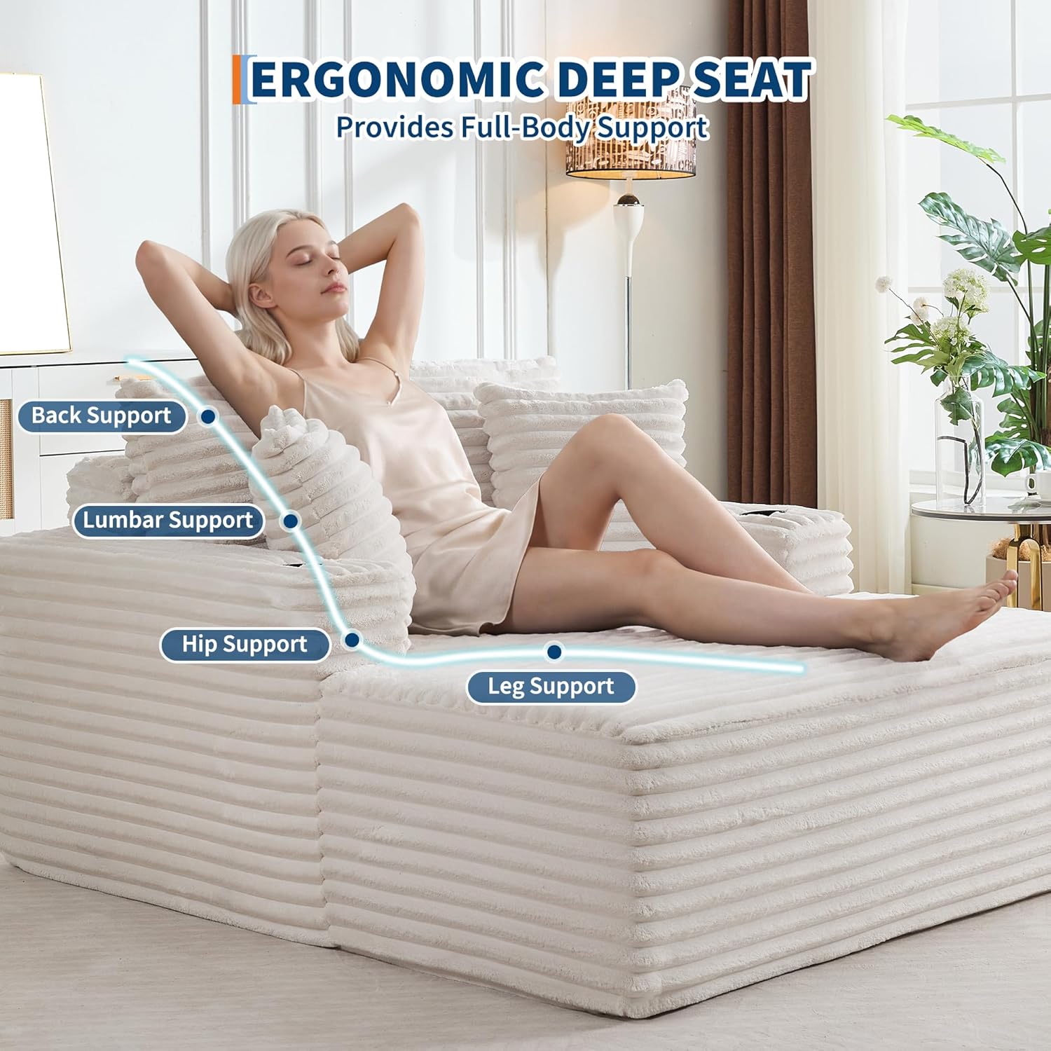 IDEALHOUSE 64" Oversized Chaise Lounge Chair Indoor, Upholstered Boneless Sofa Bed with Throw Pillows, Cup Holders and Armrests, Comfy Corduroy Sleeper Couch for Living Room, Bedroom, Office (Beige)