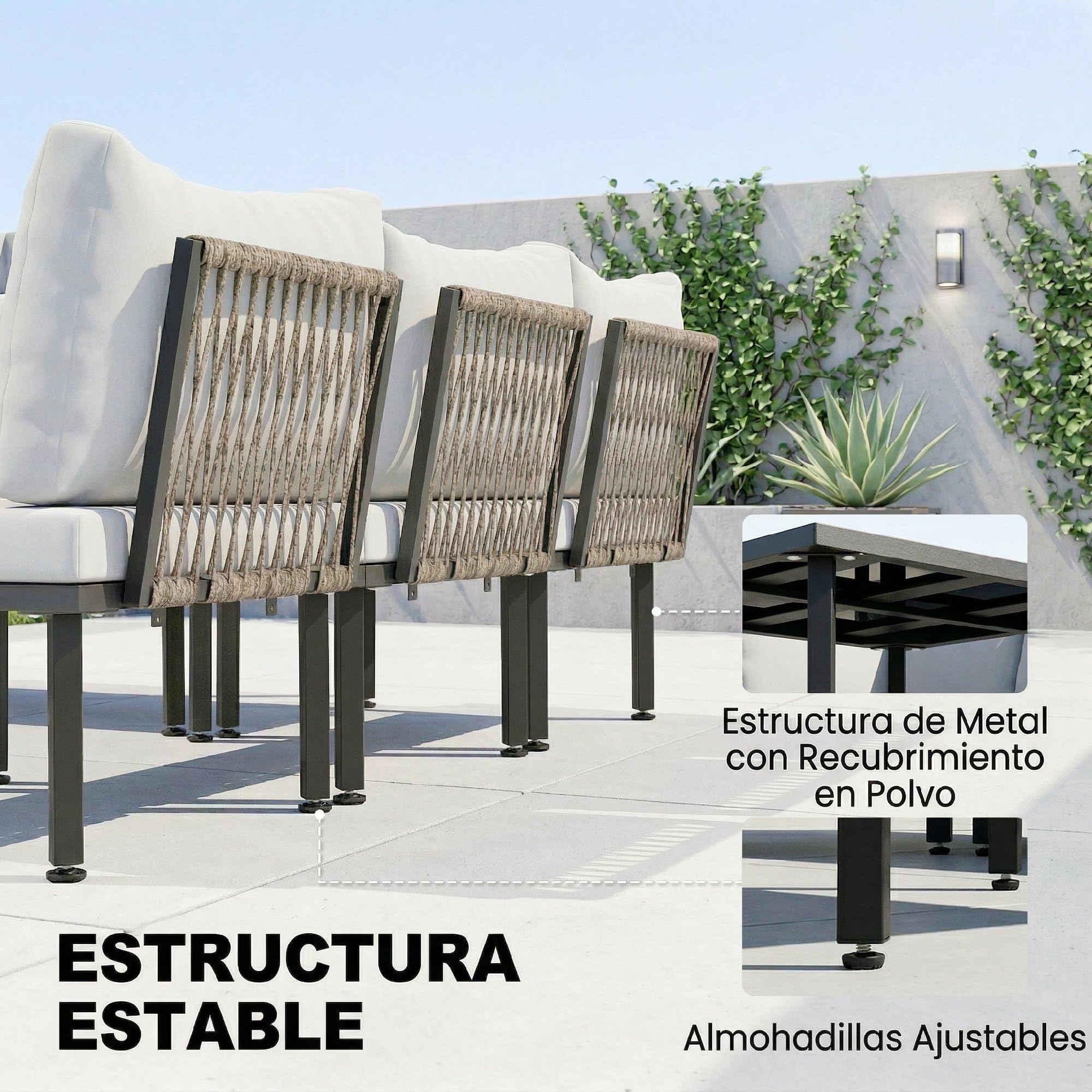 Outsunny Conjunto de Muebles Jardín Exterior 6 Piezas Sofá Gris Claro | Seccional Forma de L, Sofá de 2 Plazas, 2 Sillones, Reposapiés, Mesa con Tapa de Vidrio, Cojines, Módulo de Esquina
