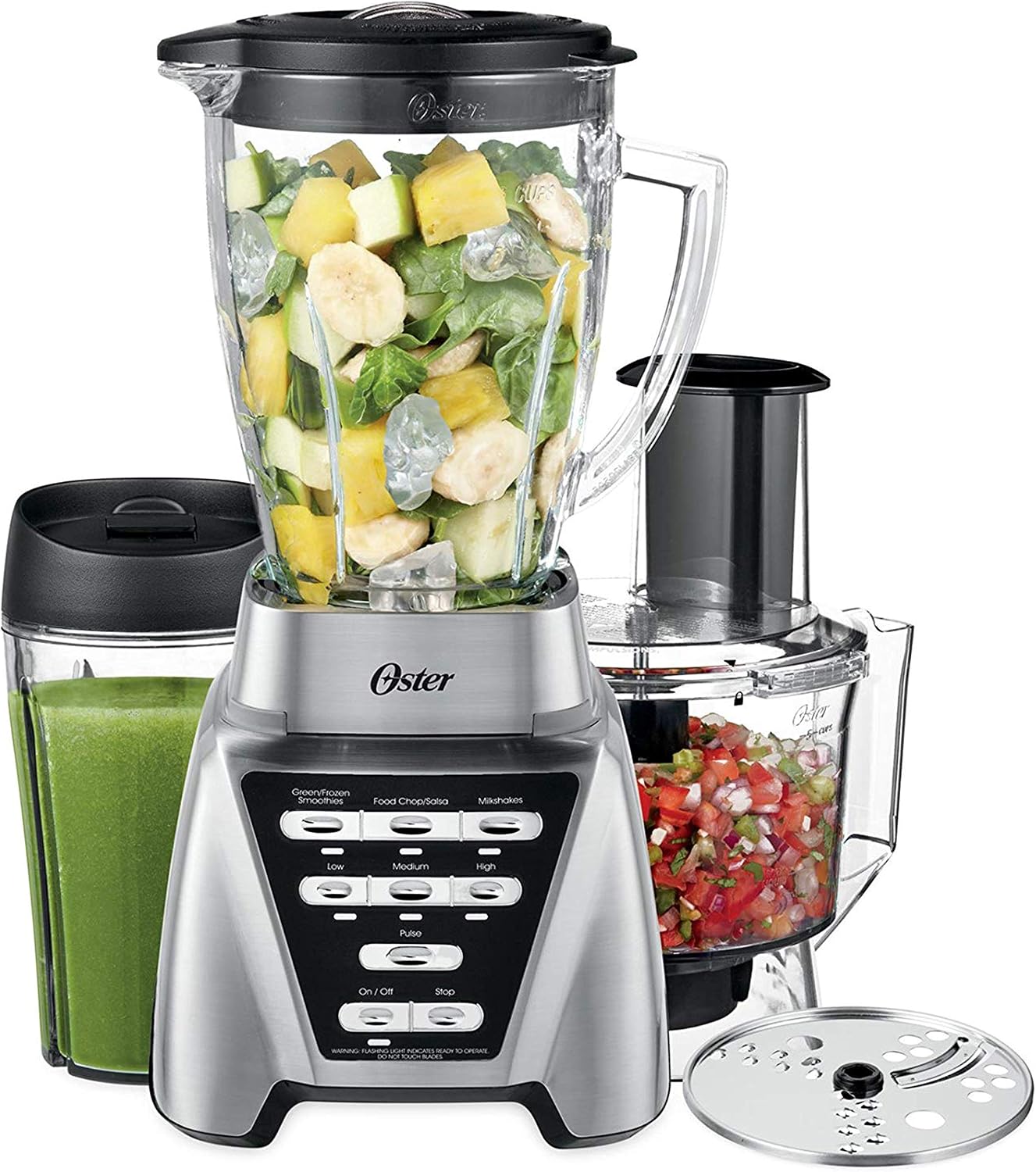 Oster Pro 1200 Blender with Glass Jar plus Smoothie Cup & Food Processor Attachment, Brushed Nickel (Renewed)