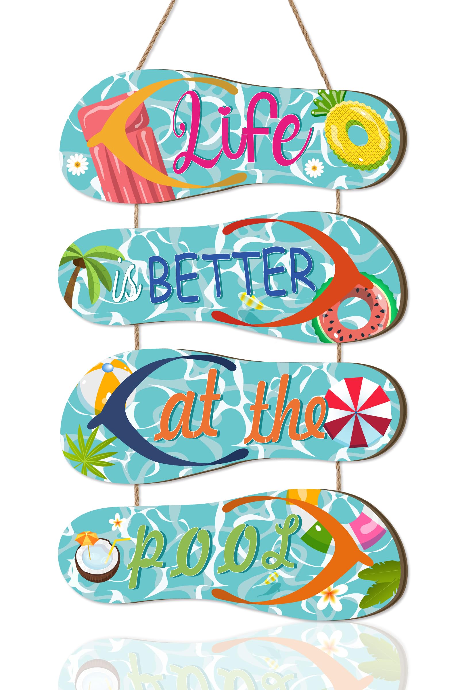 HPNIUB Life is better at the pool Hanging Sign,Summer Beach Seaside Ornaments Wall Art,Beach Themed Room Decor,Coastal Decor Beach Hut Accessories Seaside Bathroom Accessories,4PCS,28 * 11cm