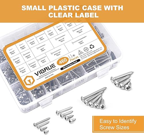 Miniatura 5 de VIGRUE 460 tornillos de madera Phillips de cabeza plana, juego surtido de tornillos autorroscantes, 4, #6, #8, #10, #12, 304 kit surtido de