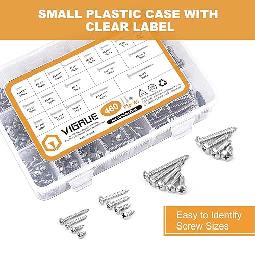 Miniatura 5 de VIGRUE Kit surtido de 495 tornillos de madera, 4, #6, #8, #10 cabeza de sartén Philips tornillos de madera con funda, tornillos autorroscantes de
