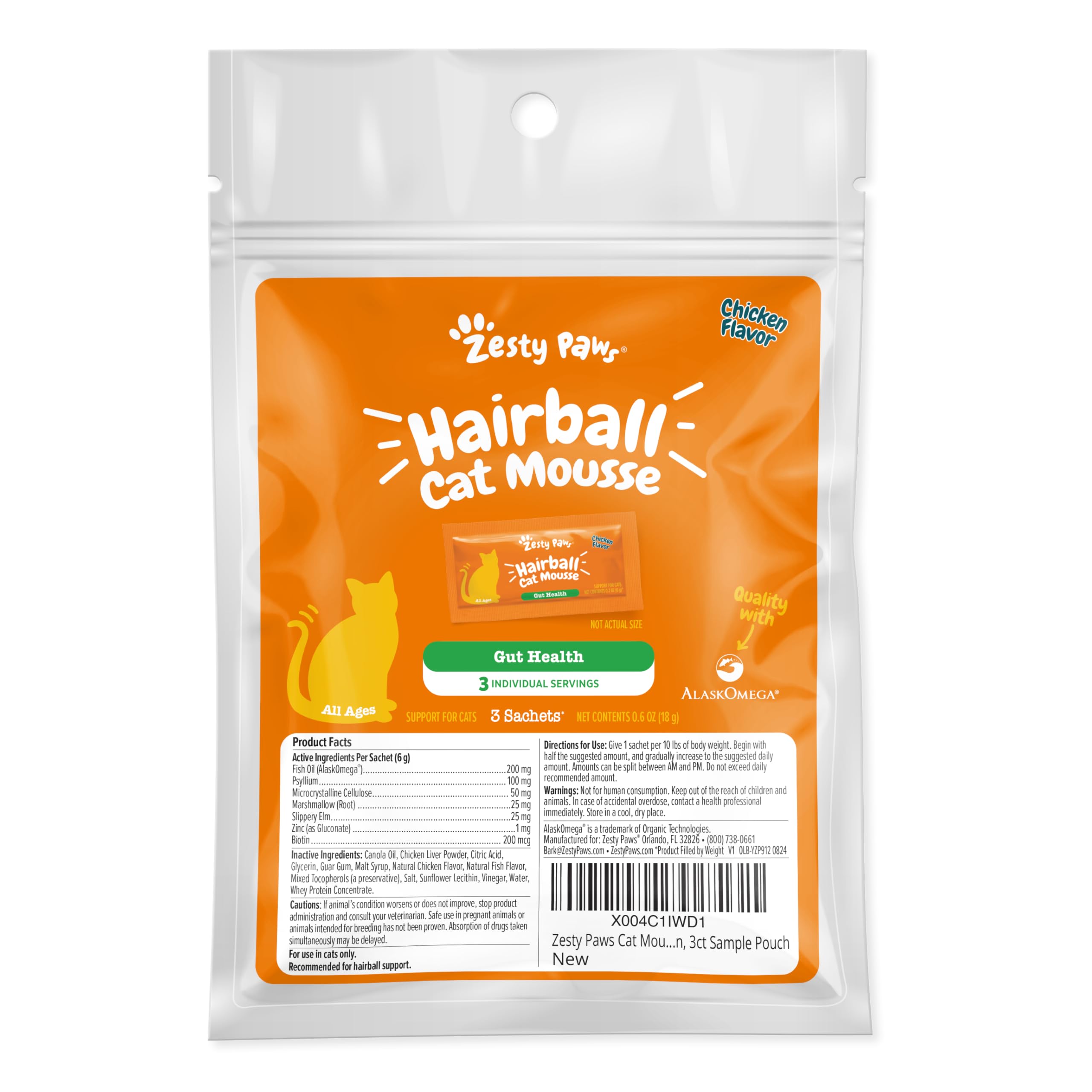 Zesty PawsHairball Cat Mousse - Lickable Cat Treats Squeeze Up - Squeeze Furball Control - Puree Tube Treats for Digestive Support - Skin & Gut Health - Chicken 3ct