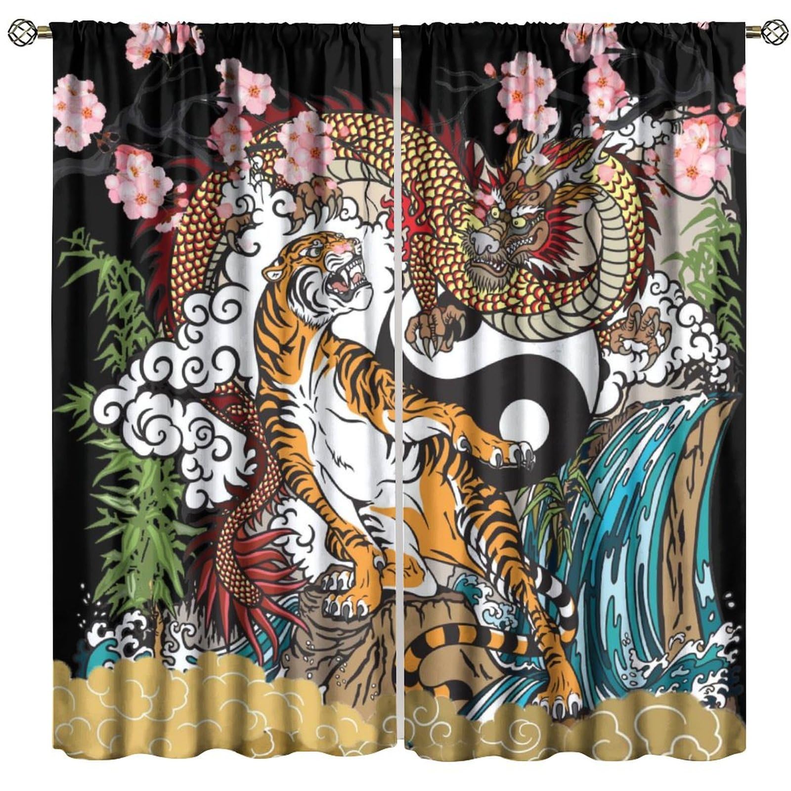 BenYaSong Dragon Tiger Decor Window Curtains, Japanese Asian Style Chinese Dragon Tiger Fight Anime for Home Kitchen Livingroom Coffee Room Window