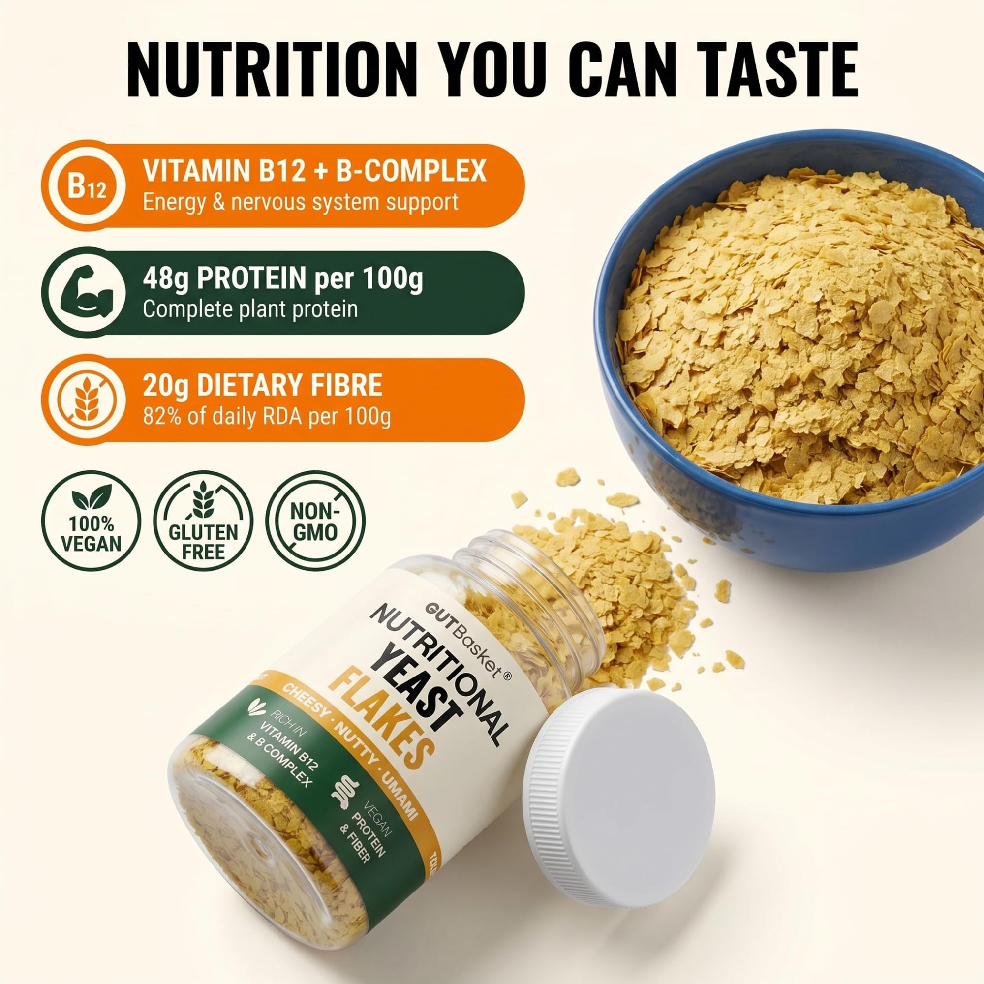 Gutbasket Nutritional Yeast Flakes 75g | Fortified with Vitamin B12 & B-Complex | 48g Plant Protein and 20g Fibre per 100g | Vegan Cheese Seasoning | Cheesy Nutty Umami | Non-GMO Gluten-Free