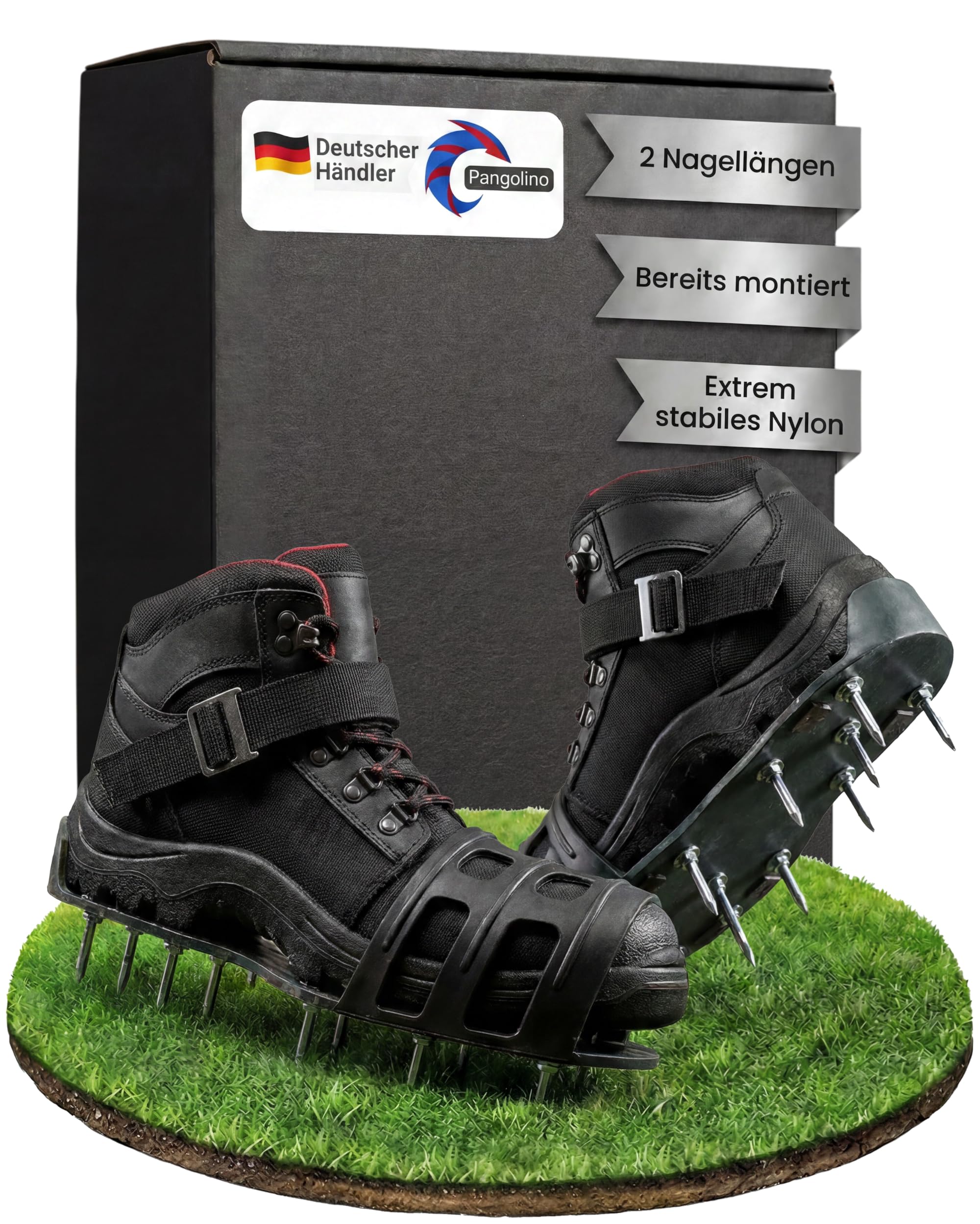 Pangolino Profi Nagelschuhe fertig montiert - Nagelsohle für Rasenlüfter & Estrich mit TPE-Riemenfixierung | Vormontiert inkl. 42mm & 60mm Nägeln (Gr. 37-48)
