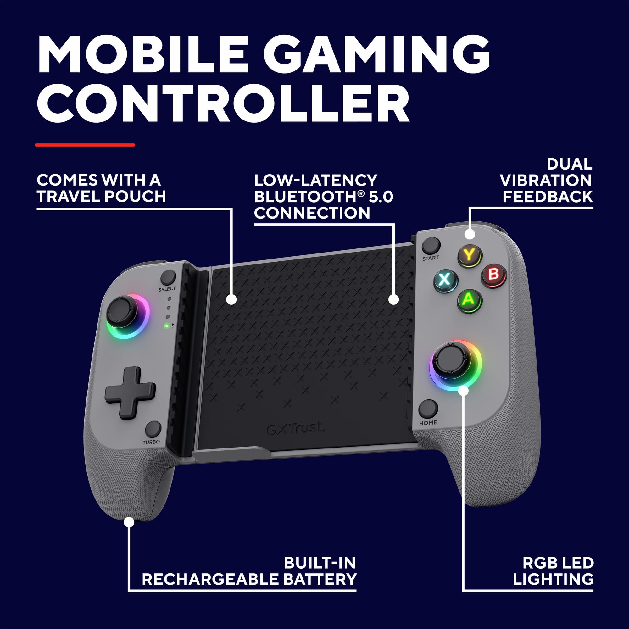 Trust Gaming GXTrust 735G Mylox Kontroler do Gier z Uchwytem na Telefon iPhone Android PS5 Xbox, Akumulator do 12h, Gamepad Bluetooth do Smartfona, Podświetlenie LED RGB, 18 Przycisków, Szary