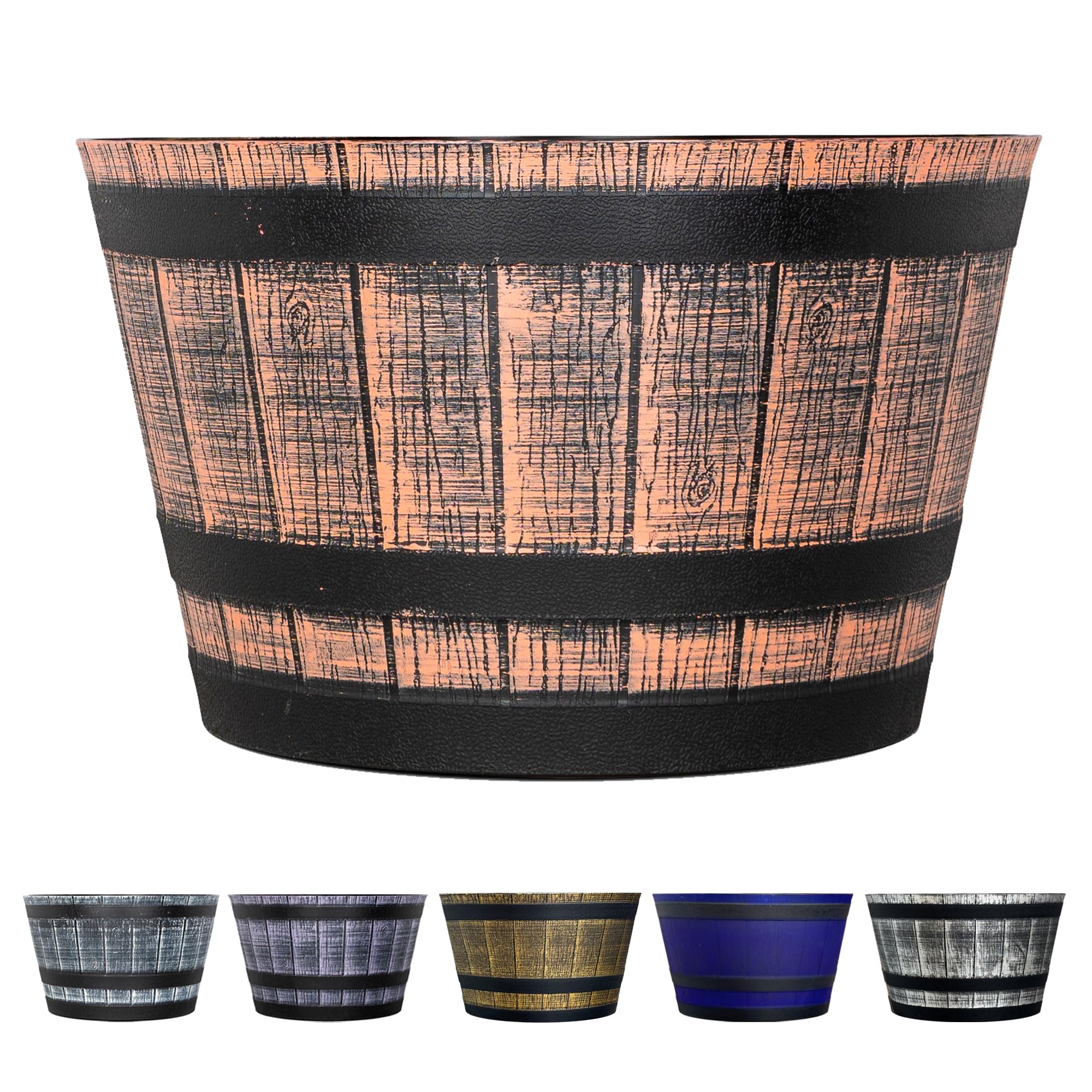 SG Traders Large Half Barrel Cask Planter, Flower Pots Outdoor Garden Planters, Indoor Plant Pot with Drainage Holes, Plastic, Tan with Black Straps, 40 x 24cm
