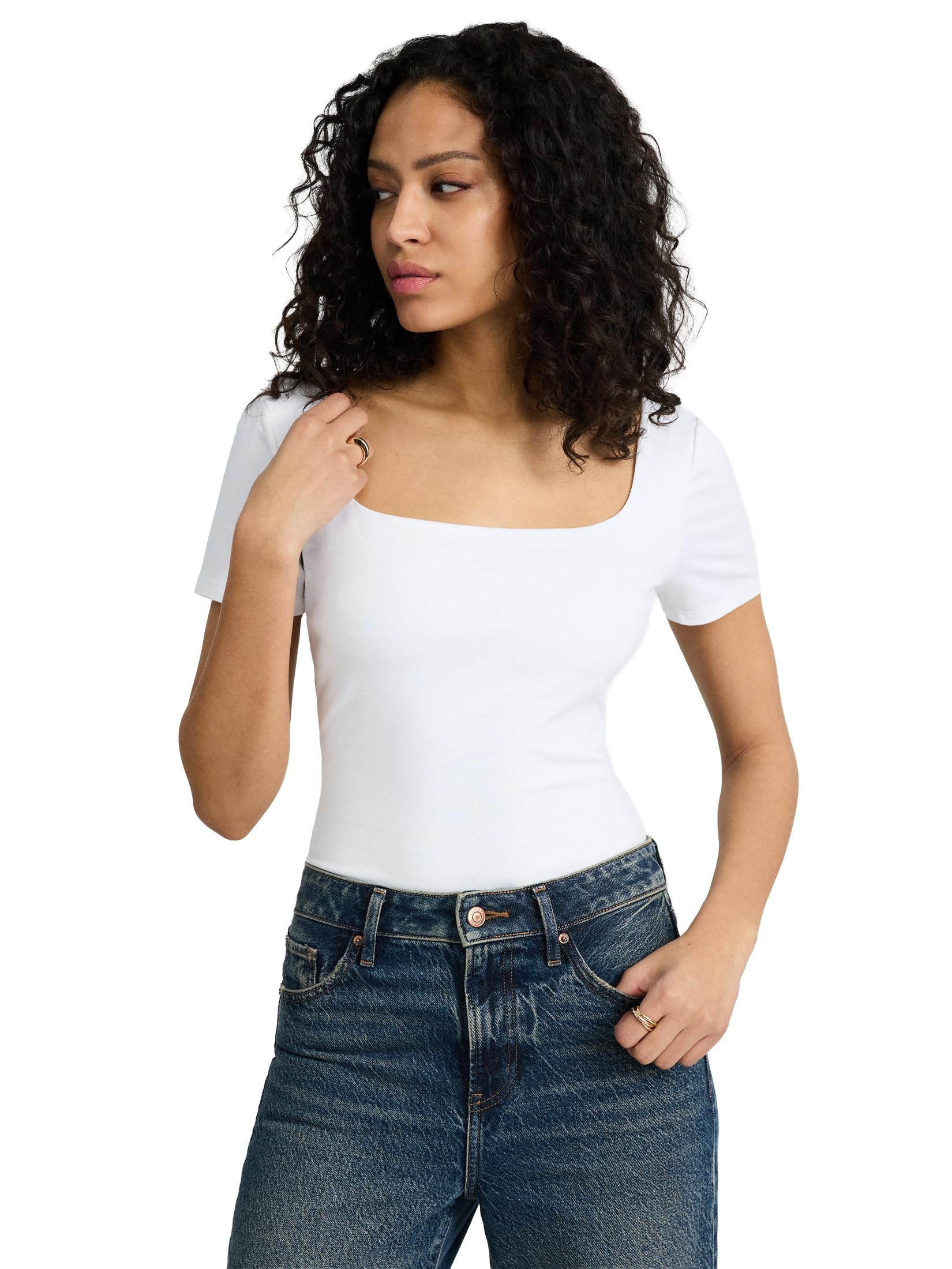 EXPRESS Women’s Body Contour Bodysuit – Short Sleeve Cotton-Blend Square Neck Style with Snap Gusset and Smooth Layering Fit