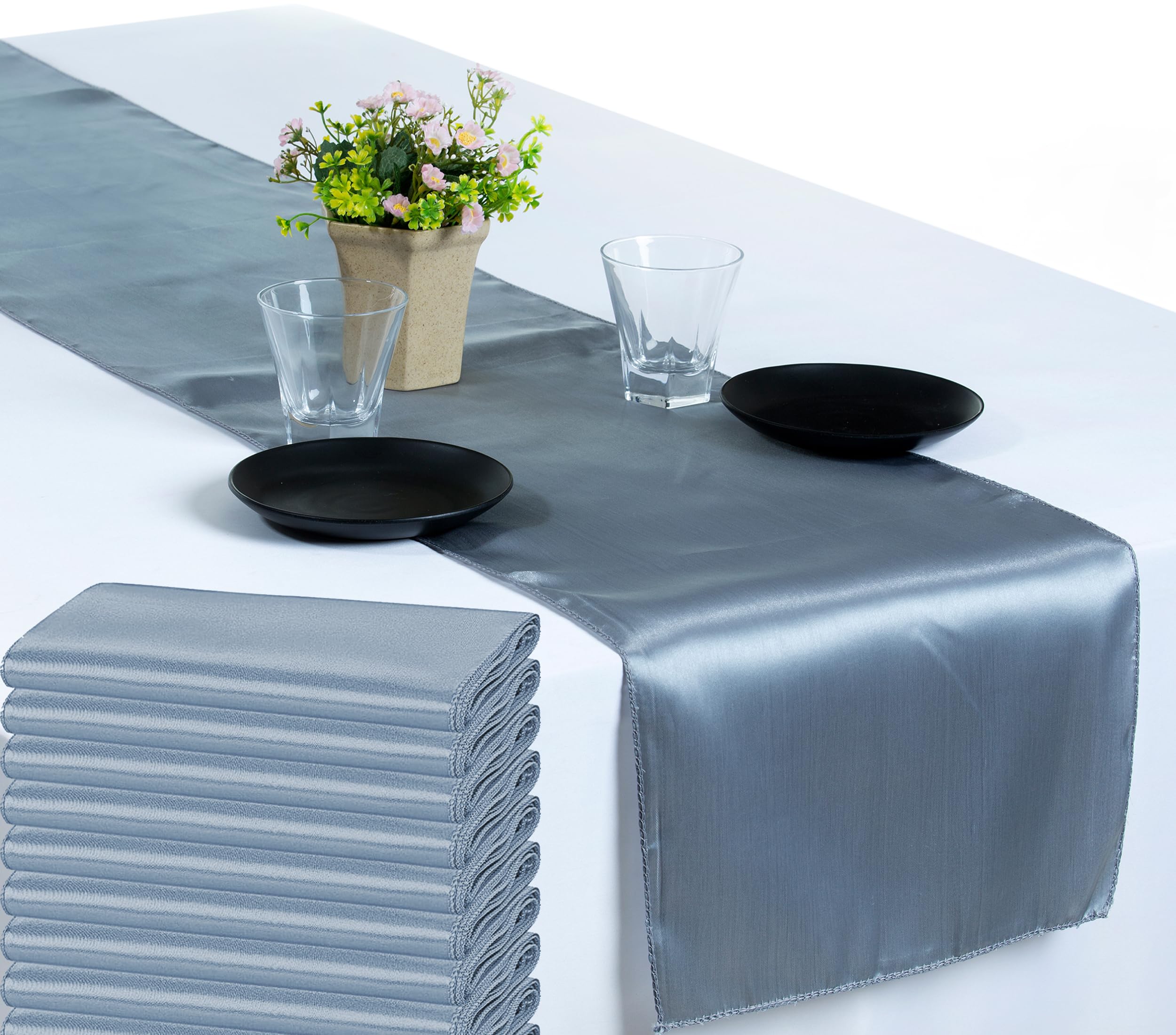 VDS Pack of 20 Satin Table Runners for Wedding & Party Décor 12” x 108”, Smooth Glossy Sateen Fabric Runner, Dining Table Decoration for Reception Banquet & Event Hotel Restaurant - Light Silver Grey — image 1