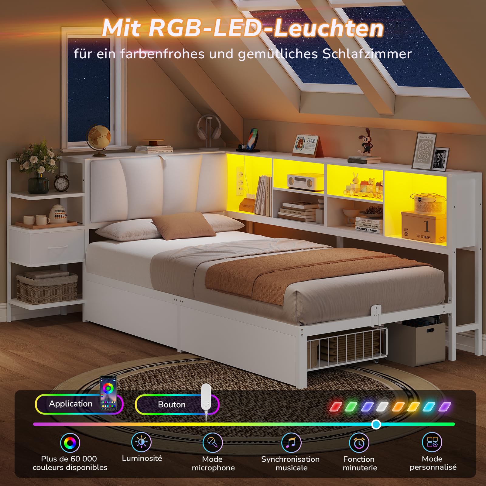 Cama juvenil de 90x200 in, color blanco con LED, espacio de