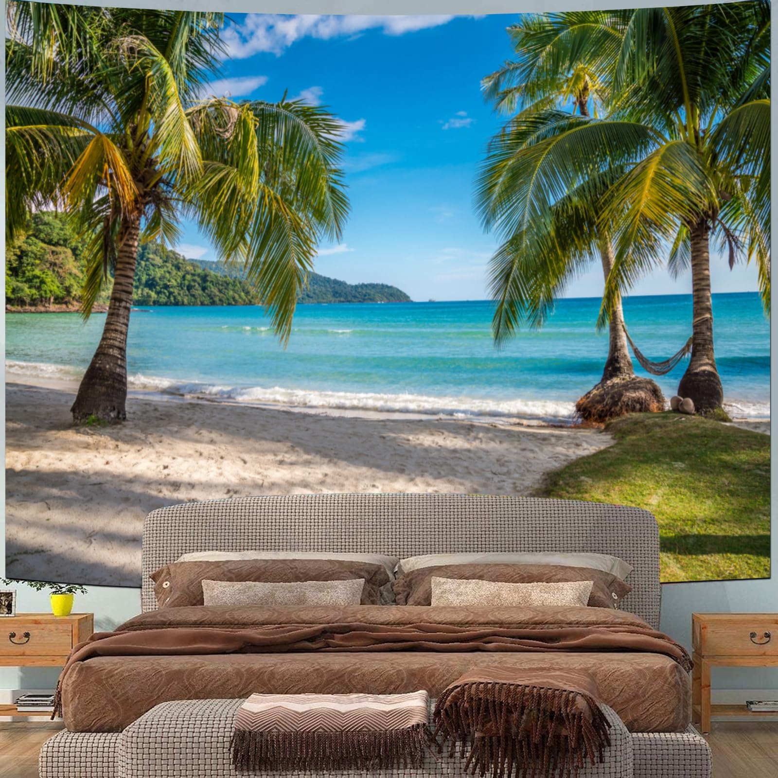Calefee Tapisserie Murale Chambre L 200 x H 200, Tenture Murale en Polyester avec Motif Paysage Nature Mer, Palmiers