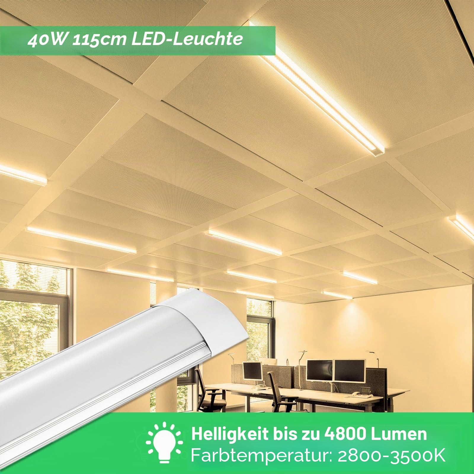 2 Pcs LED Feuchtraumleuchte 120cm, 40W 4800LM LED Deckenleucht Röhre Licht, Warmweiß 3000K Werkstattlampe - 2,5cm flach Lampe, 130° Abstrahlwinkel Deckenlampe für Wohnzimmer Küche Garage Büro