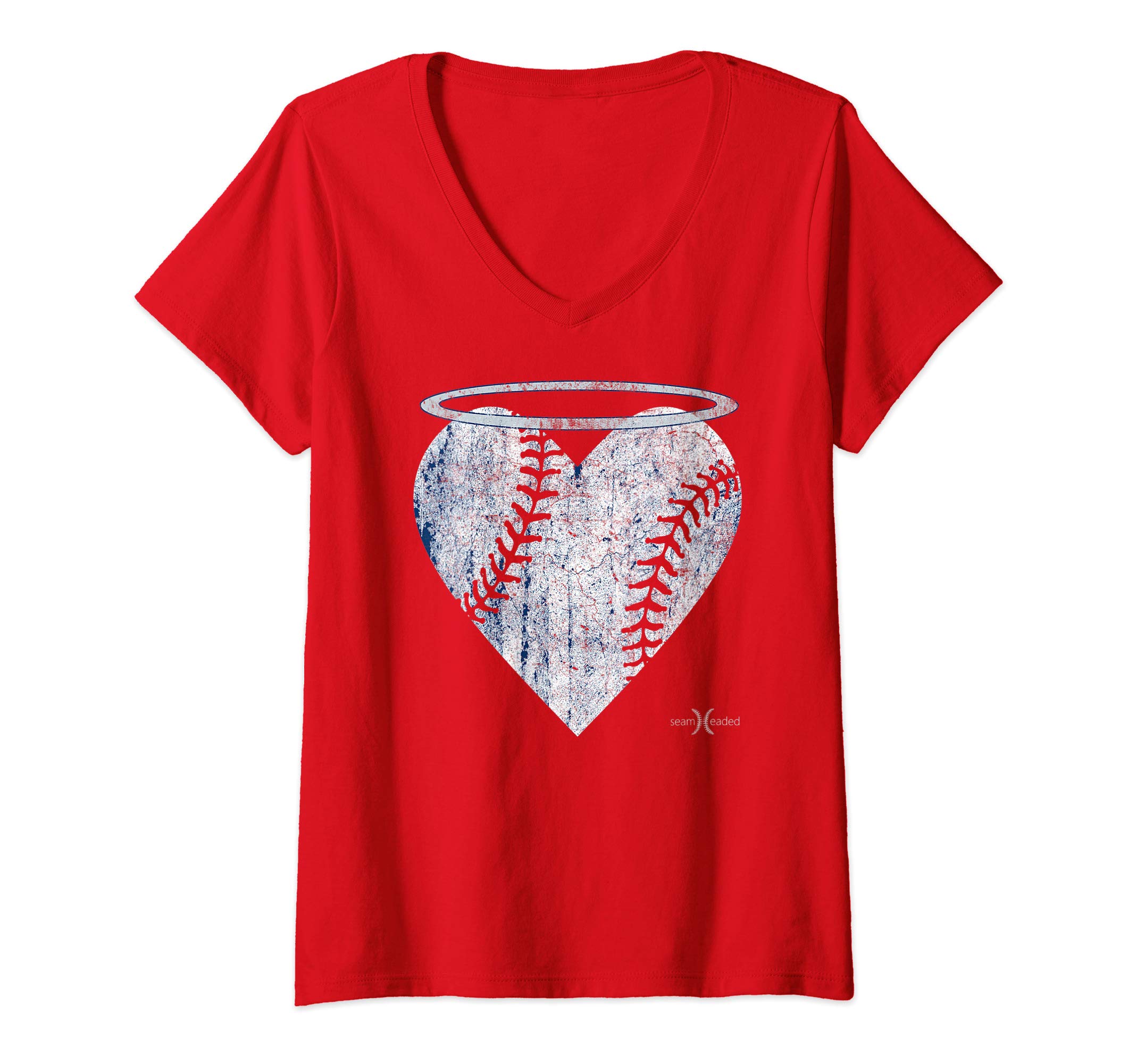 Seamheaded ApparelWomens Vintage Angel Baseball Heart with Halo V-Neck T-ShirtOEKO-TEX STANDARD 100