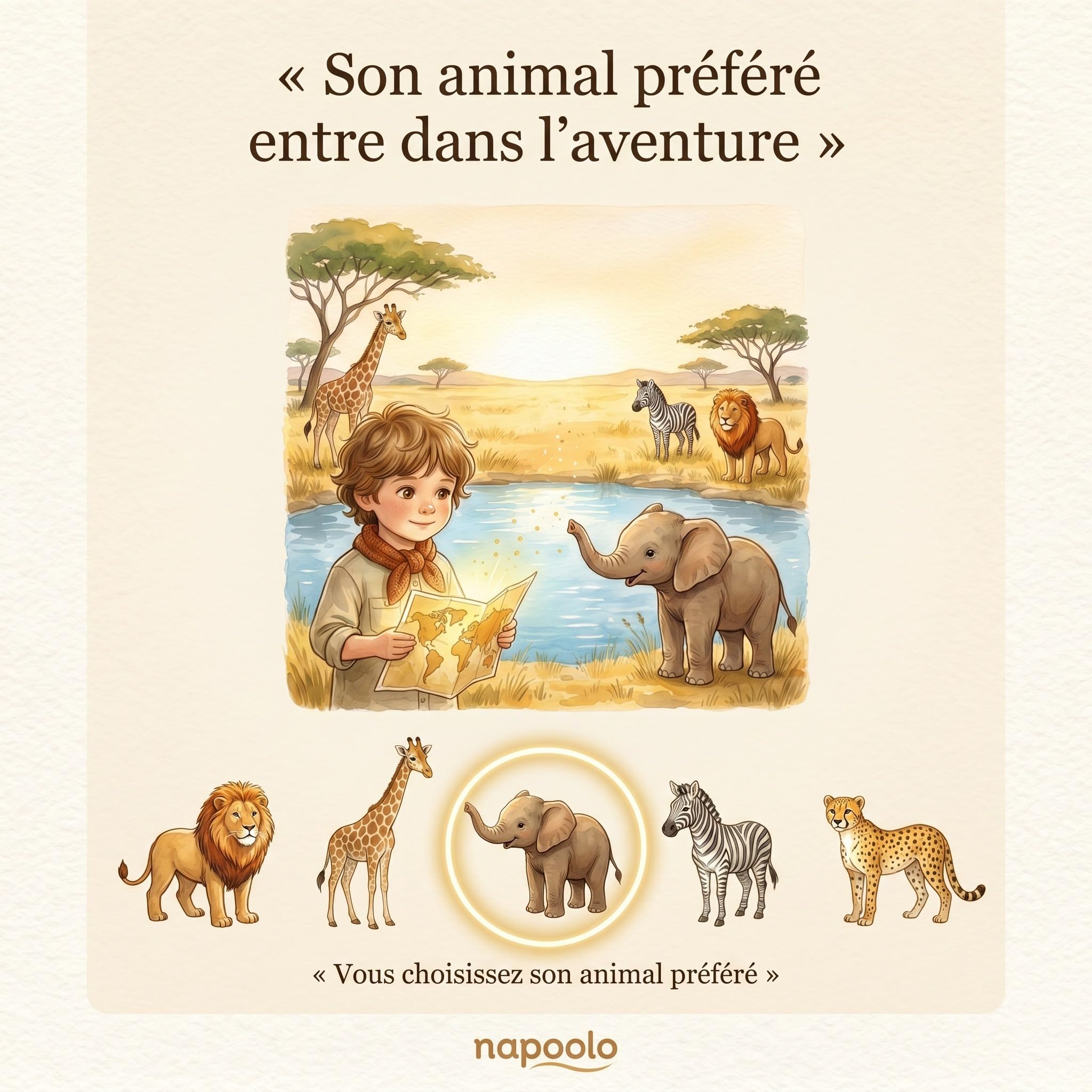 Livre personnalisé enfant safari photo et prénom - Idée cadeau | Aventure douce dans la savane, son animal préféré et sa dédicace, 32 pages aquarelle, carré 21,6 cm, dès 2 ans
