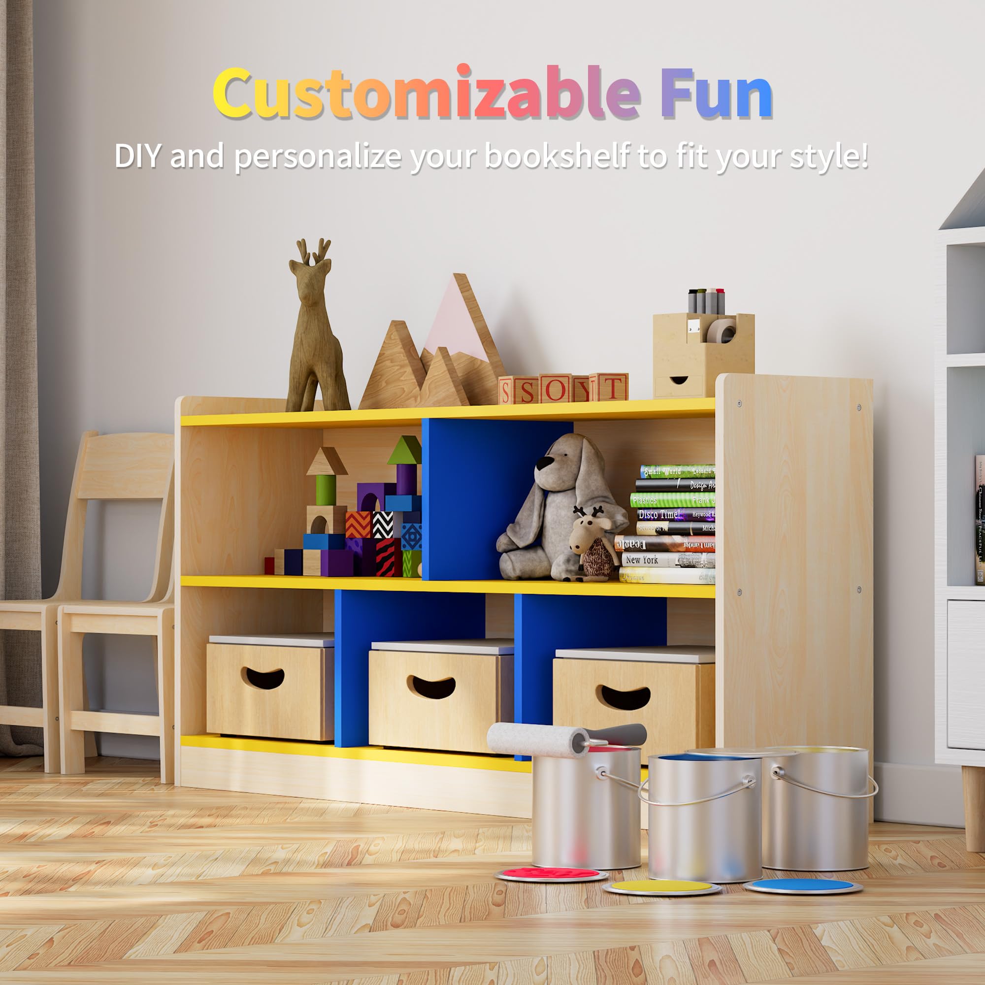Puecrof Montessori - Estantería de madera contrachapada de abedul, 5 compartimentos con 2 estantes, organizador para habitación de niños, aulas, guarderías y preescolares